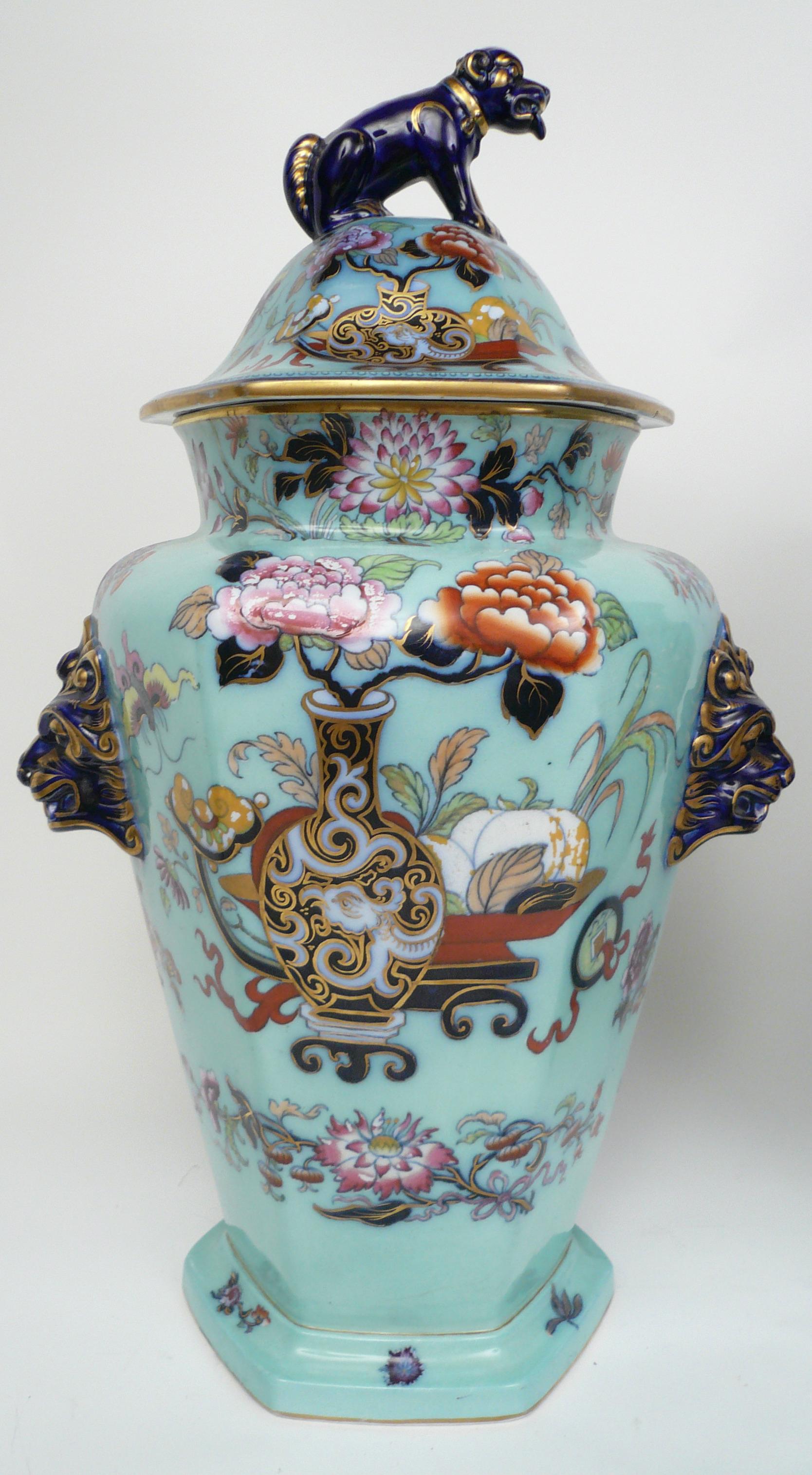 Hand-Painted Large Pair of English Ironstone Lidded Vases with Foo Dog Finials