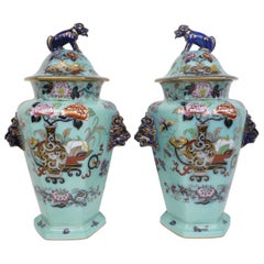 Large Pair of English Ironstone Lidded Vases with Foo Dog Finials