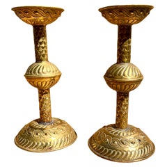 Antique Large Pair of English Renaissance Repousse Brass Candlesticks.