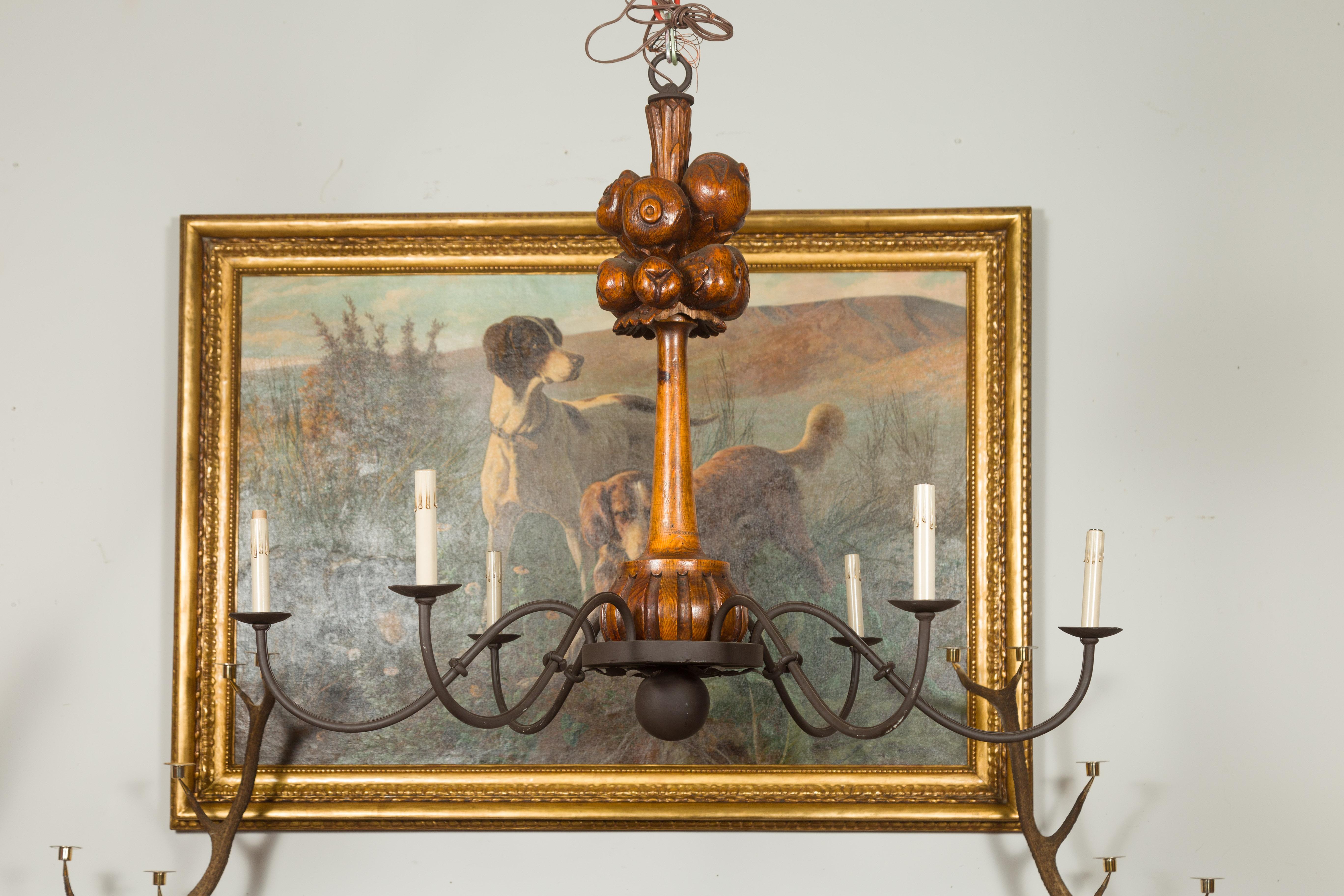 Large Pair of English Six-Light Chandeliers with Carved Fruits, circa 1920 6