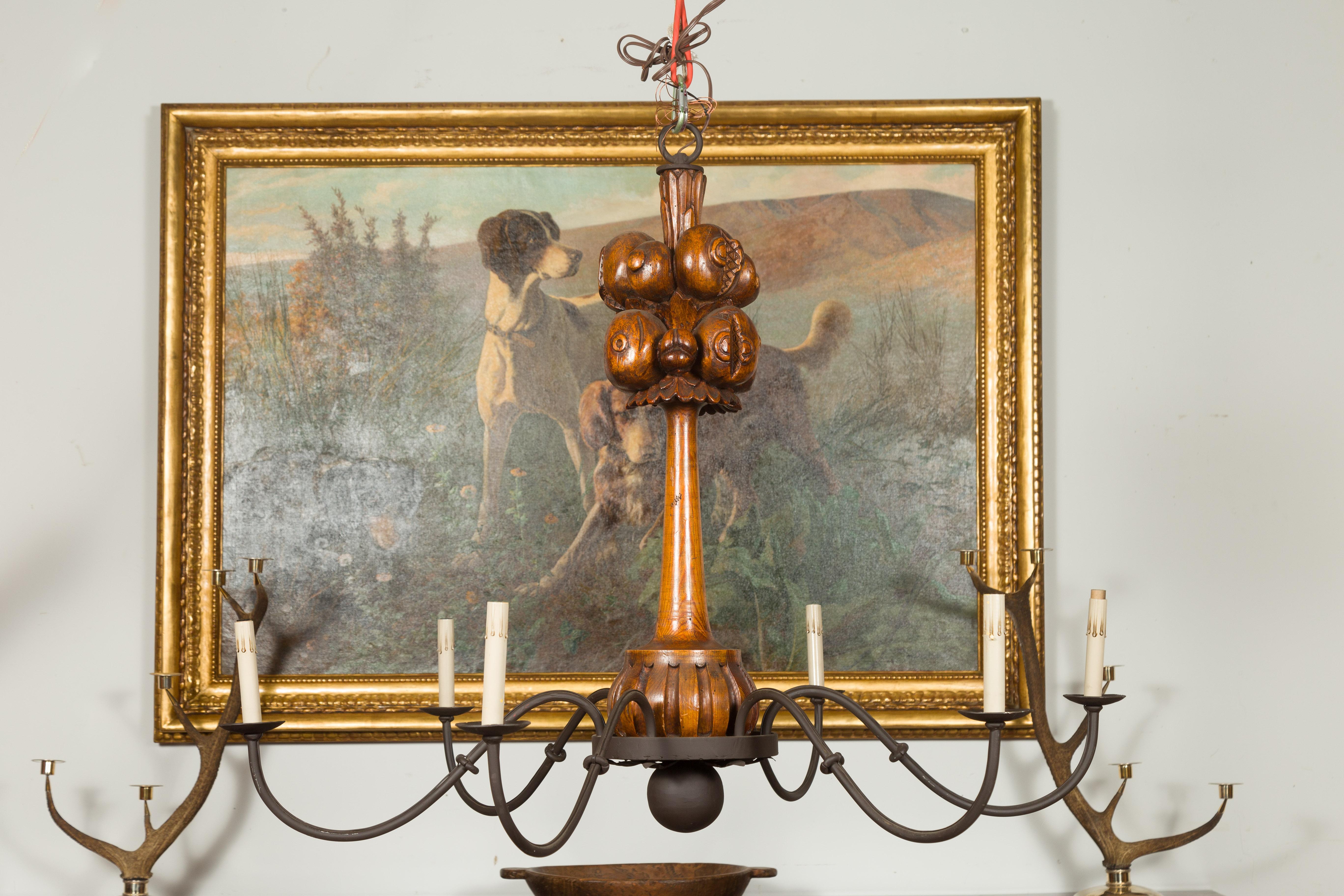 Wood Large Pair of English Six-Light Chandeliers with Carved Fruits, circa 1920
