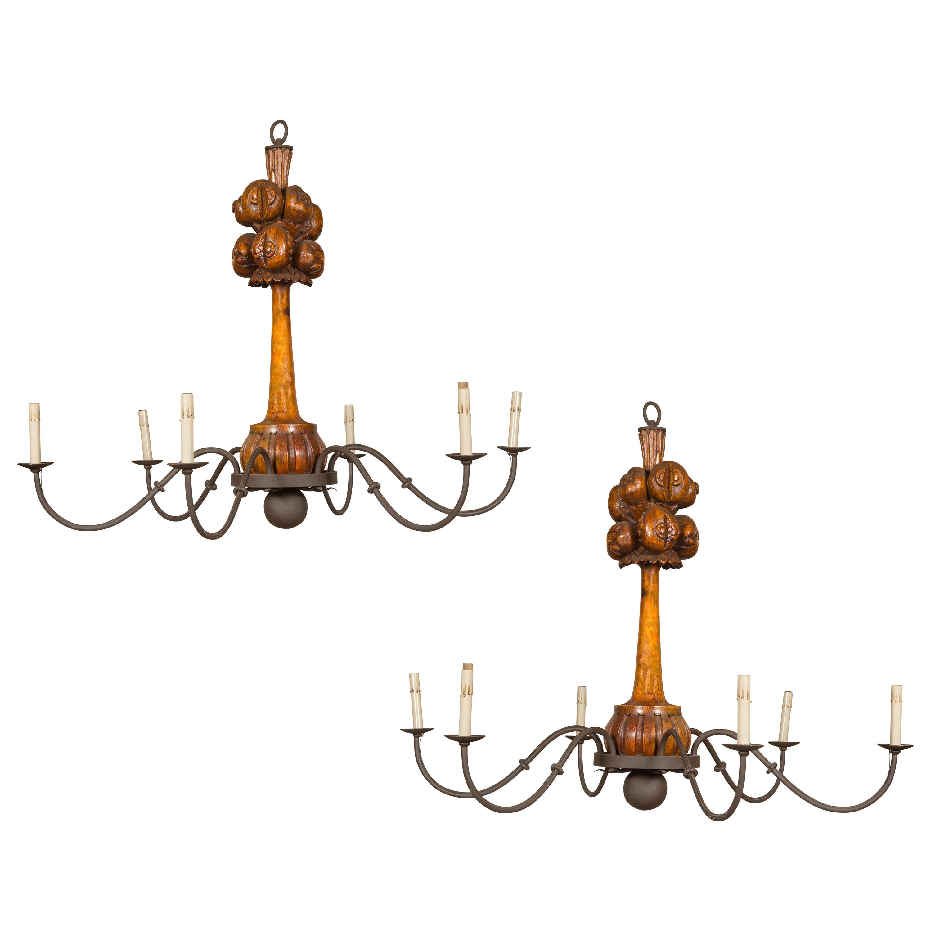 Large Pair of English Six-Light Chandeliers with Carved Fruits, circa 1920
