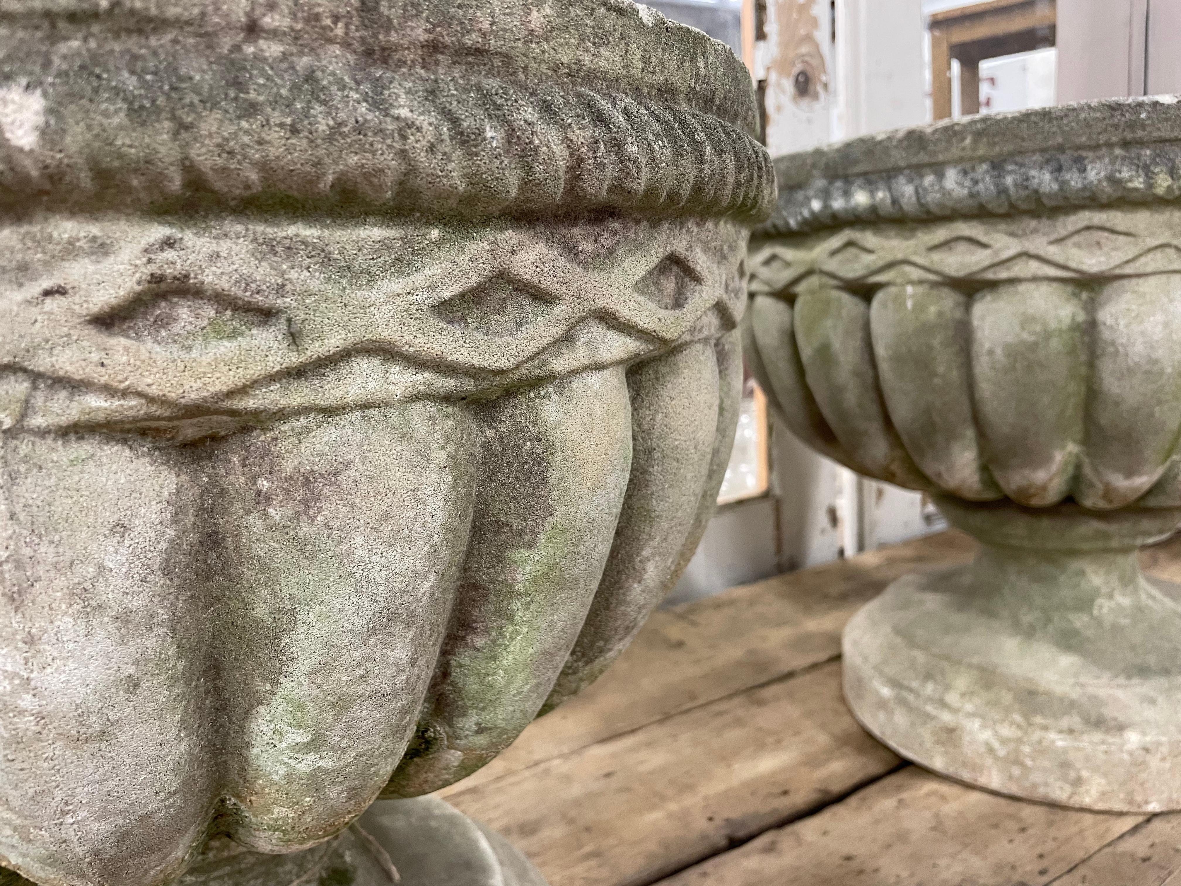 Large Pair of English Vintage Composite Stone Urns In Good Condition In Calgary, Alberta