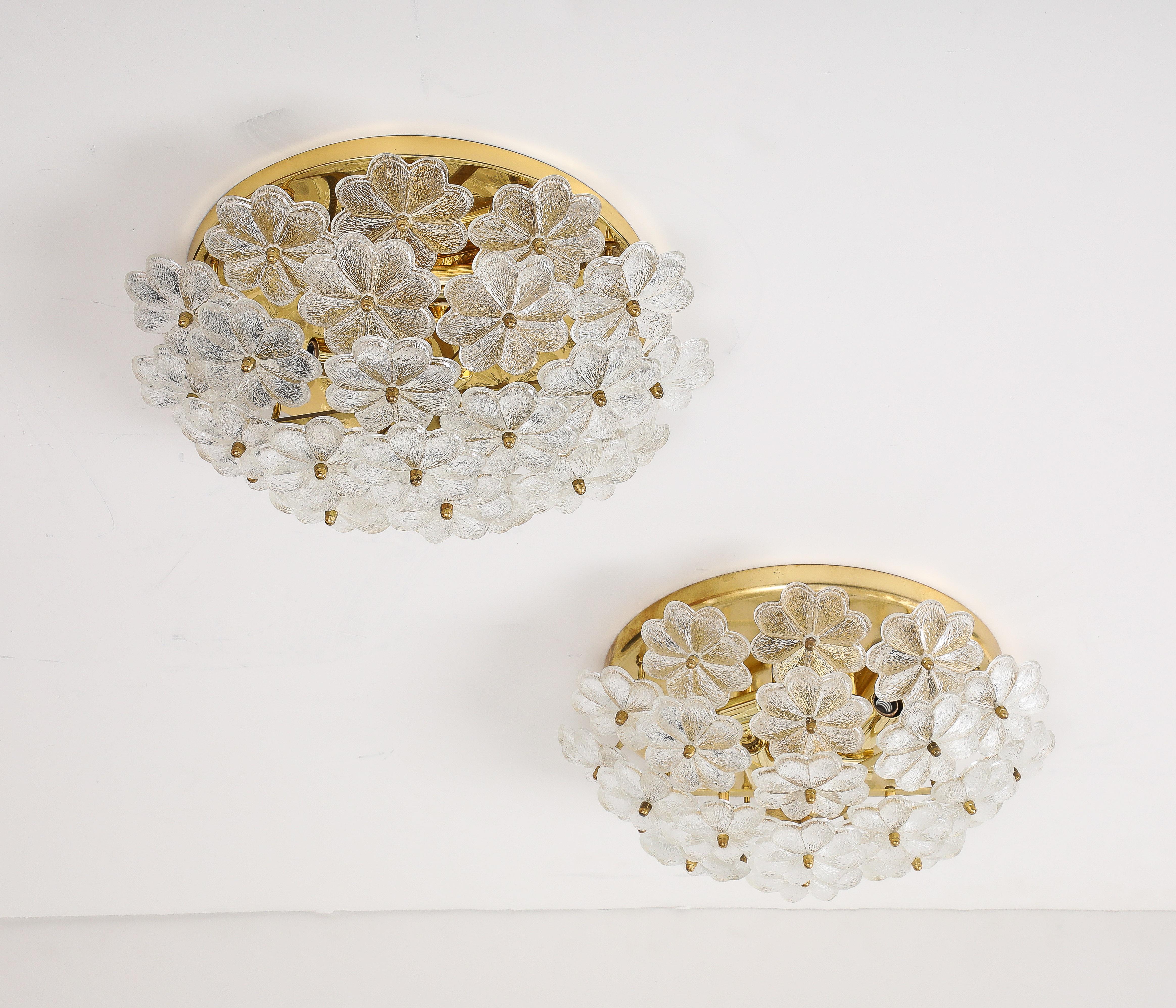 Mid-Century Modern Large Pair of Ernst Palme Glass Floral Ceiling Flush Mounts / Sconces For Sale