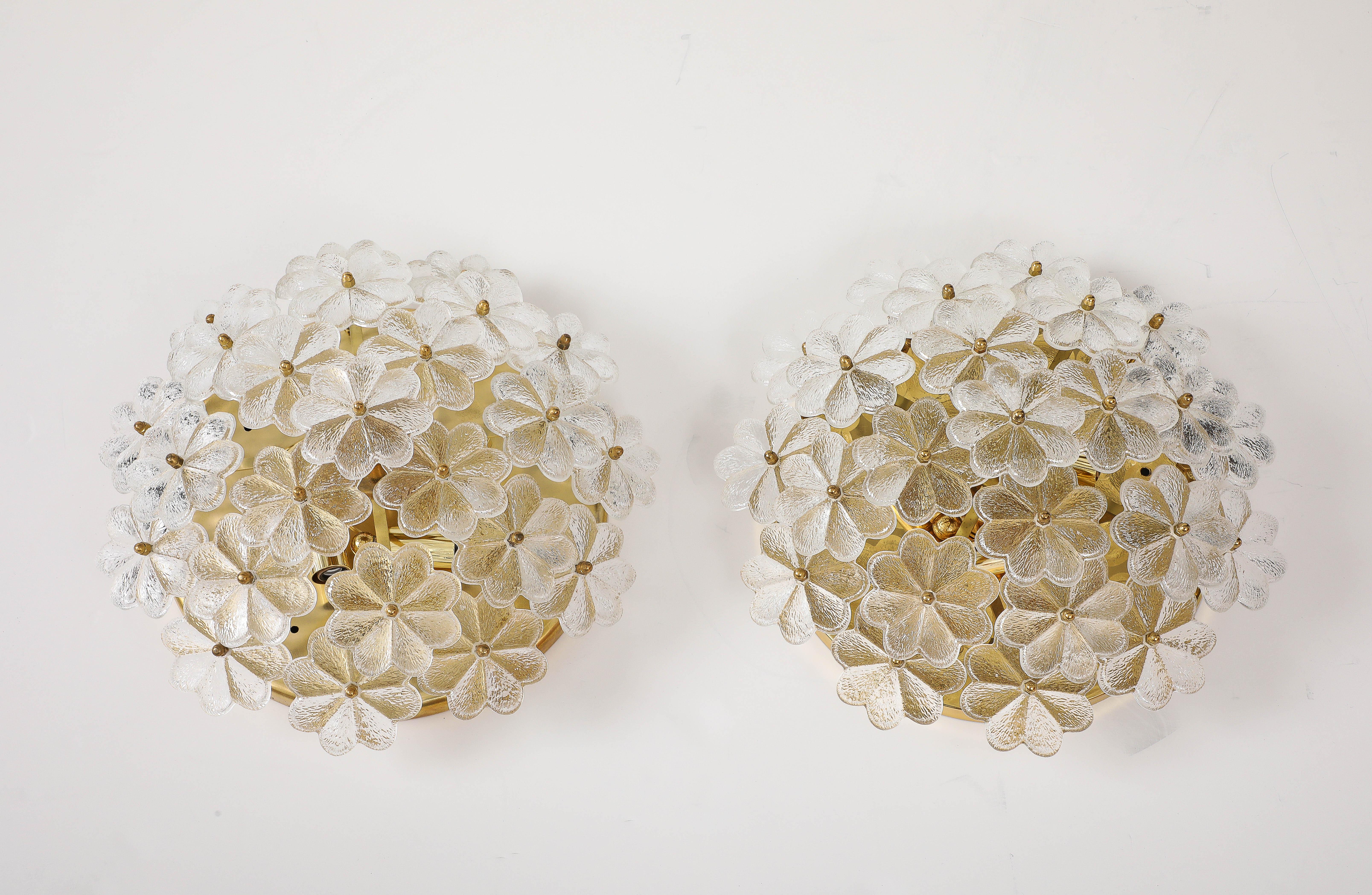 German Large Pair of Ernst Palme Glass Floral Ceiling Flush Mounts / Sconces For Sale