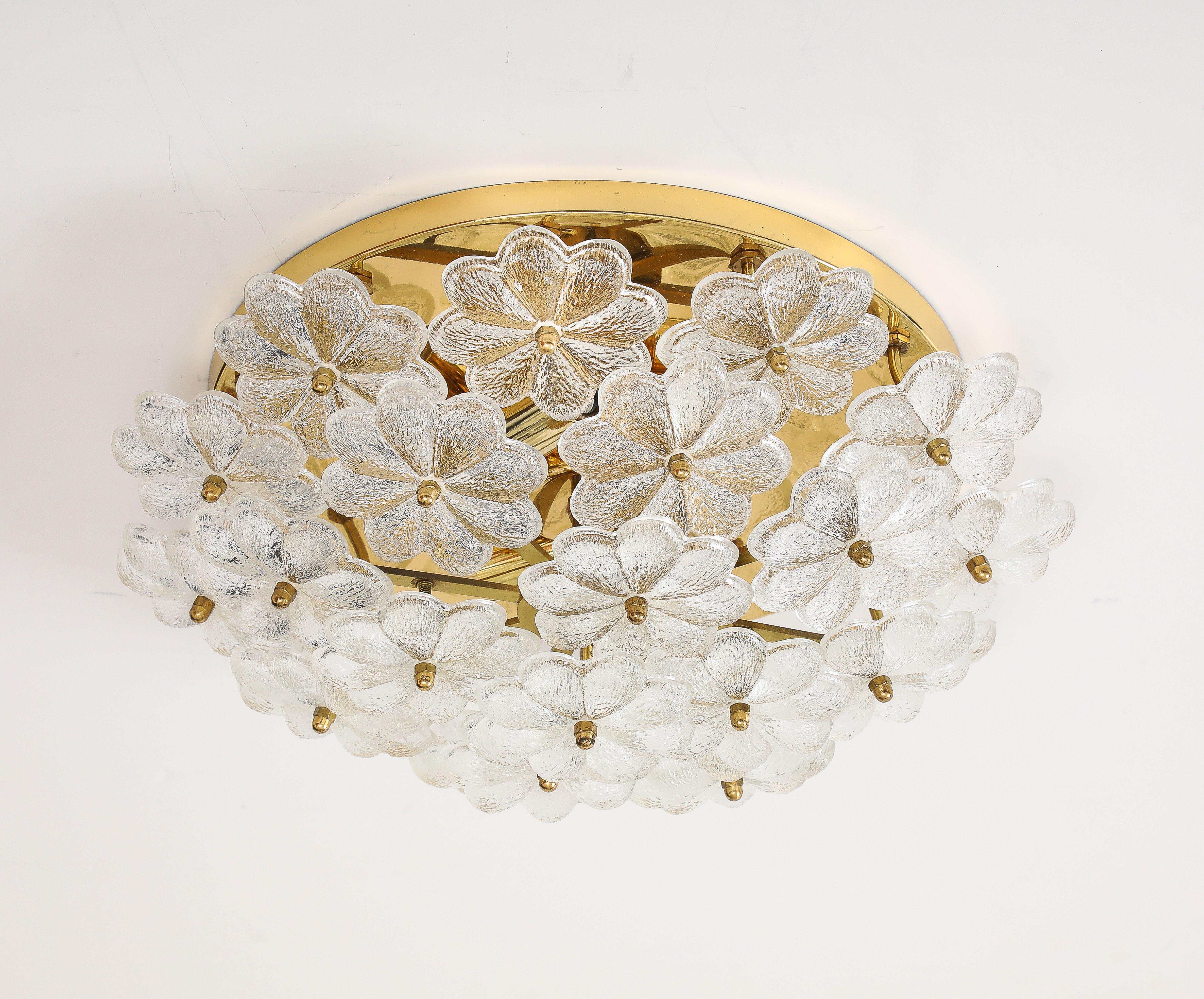 Brass Large Pair of Ernst Palme Glass Floral Ceiling Flush Mounts / Sconces For Sale