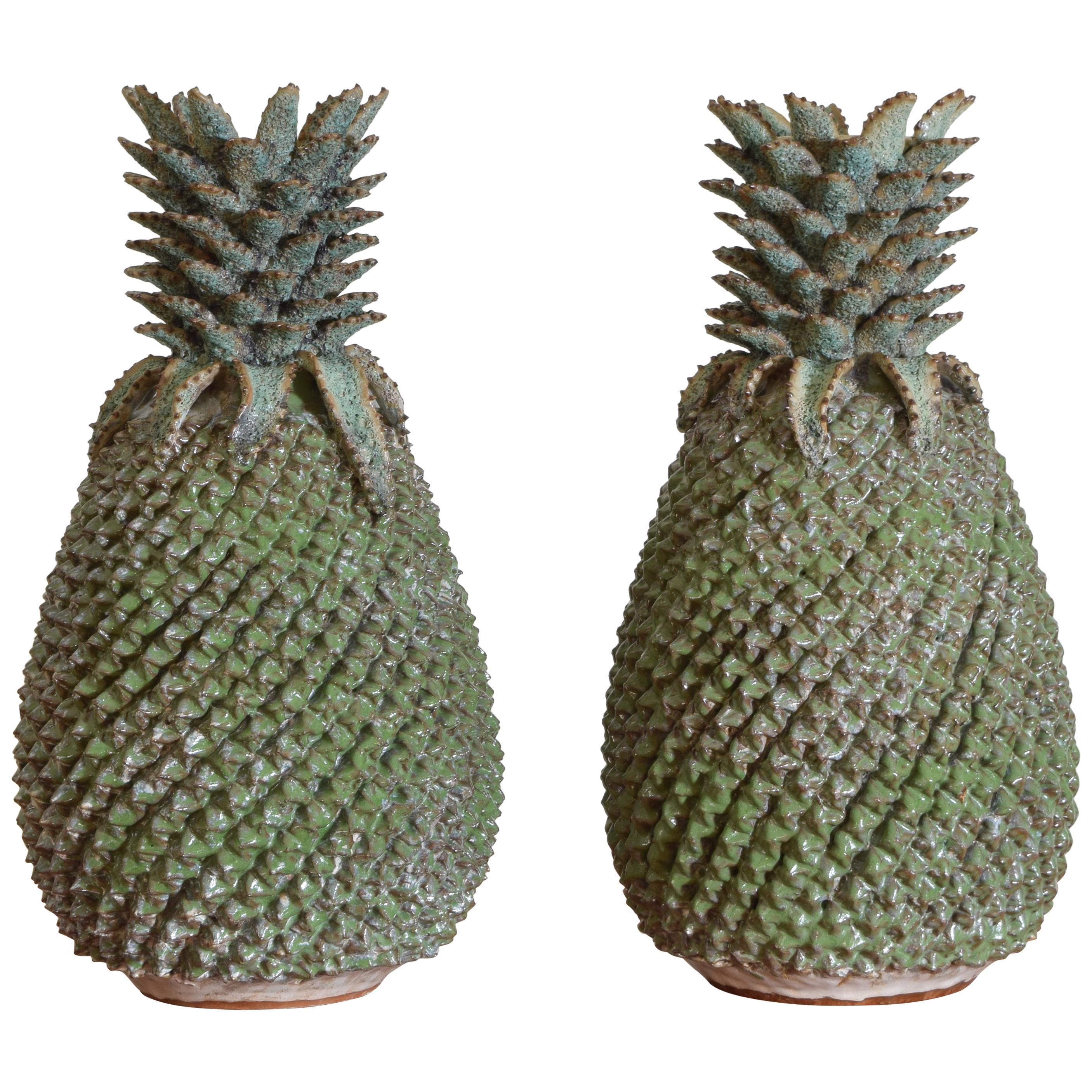 Large Pair of Faded Turquoise Glazed Terracotta Pineapple Urns