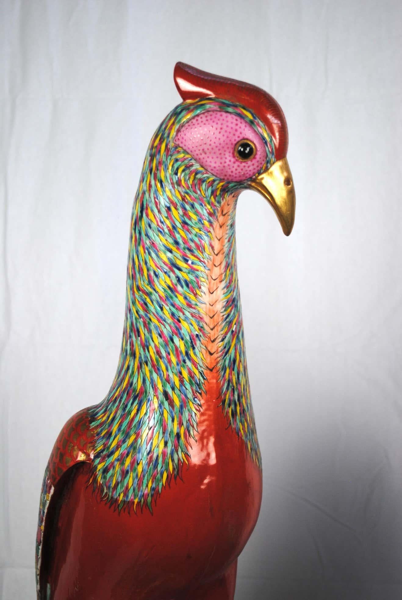 A large pair of Famille Rose pheasants by Samson. The size alone makes them very rear and highly collectable. They are in extremely good condition with the colors speaking for themselves, circa 1860. Formed in in slightly different poses to add to