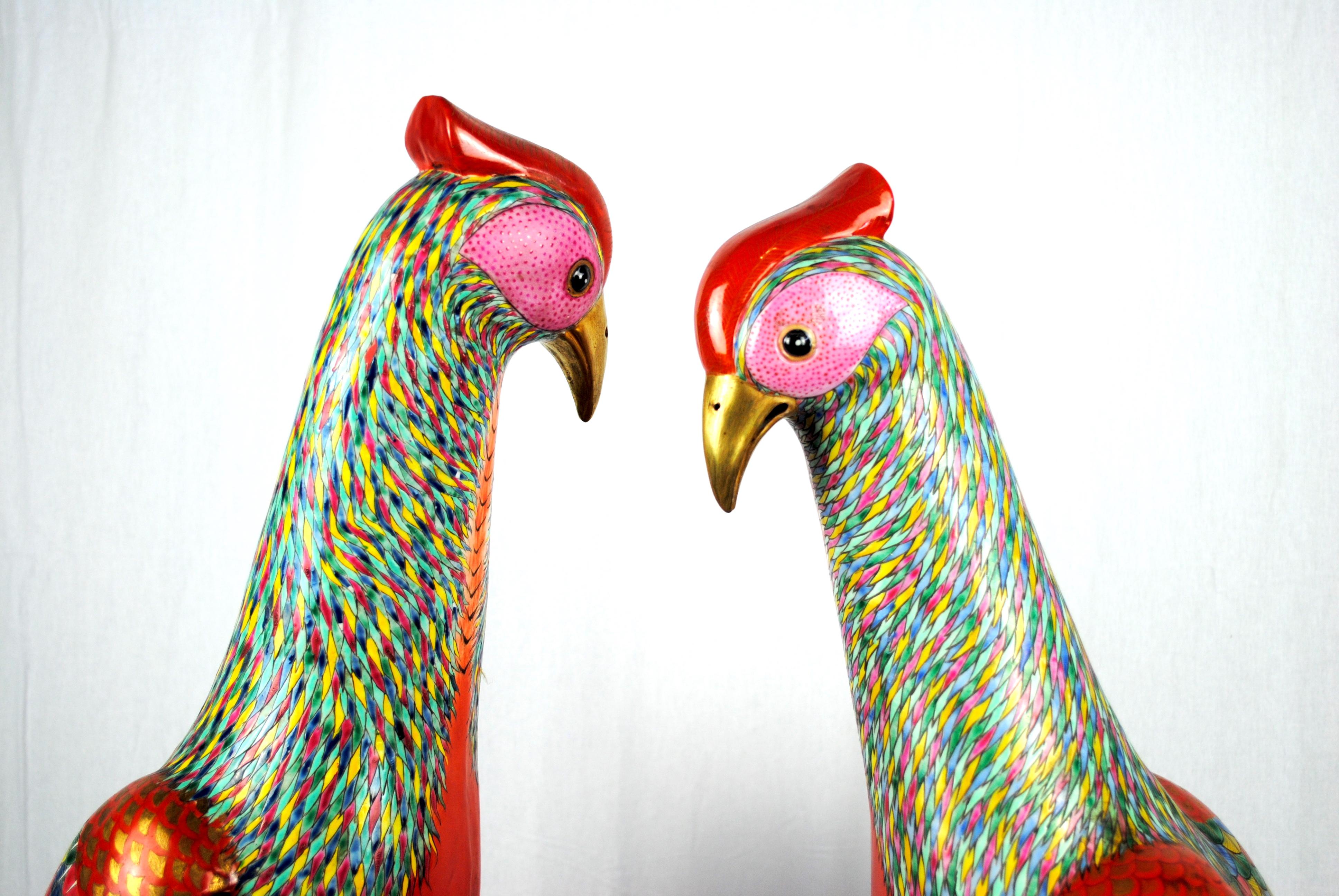 French Large Pair of Famille Rose Pheasants by Samson For Sale