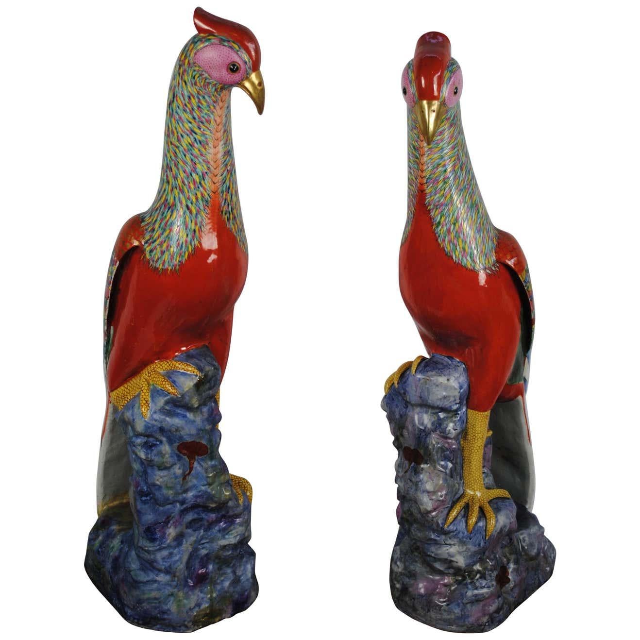 Large Pair of Famille Rose Pheasants by Samson For Sale
