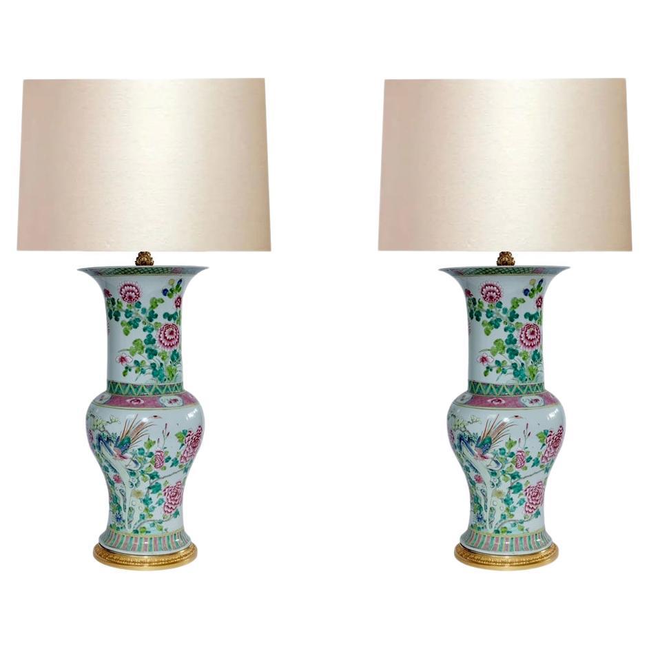 Large Pair Of Famille Rose Porcelain Lamps  For Sale
