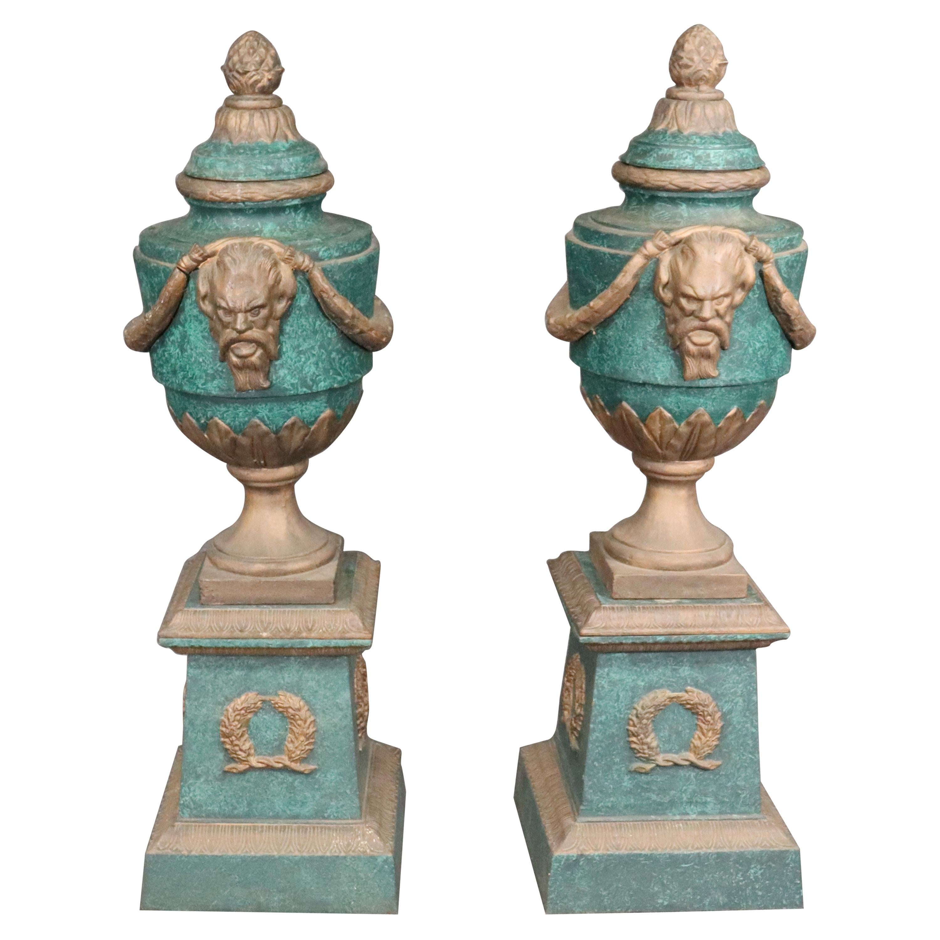 Large Pair of Faux Malachite and Faux Bronze Painted Cast Iron Urns with Saytrs