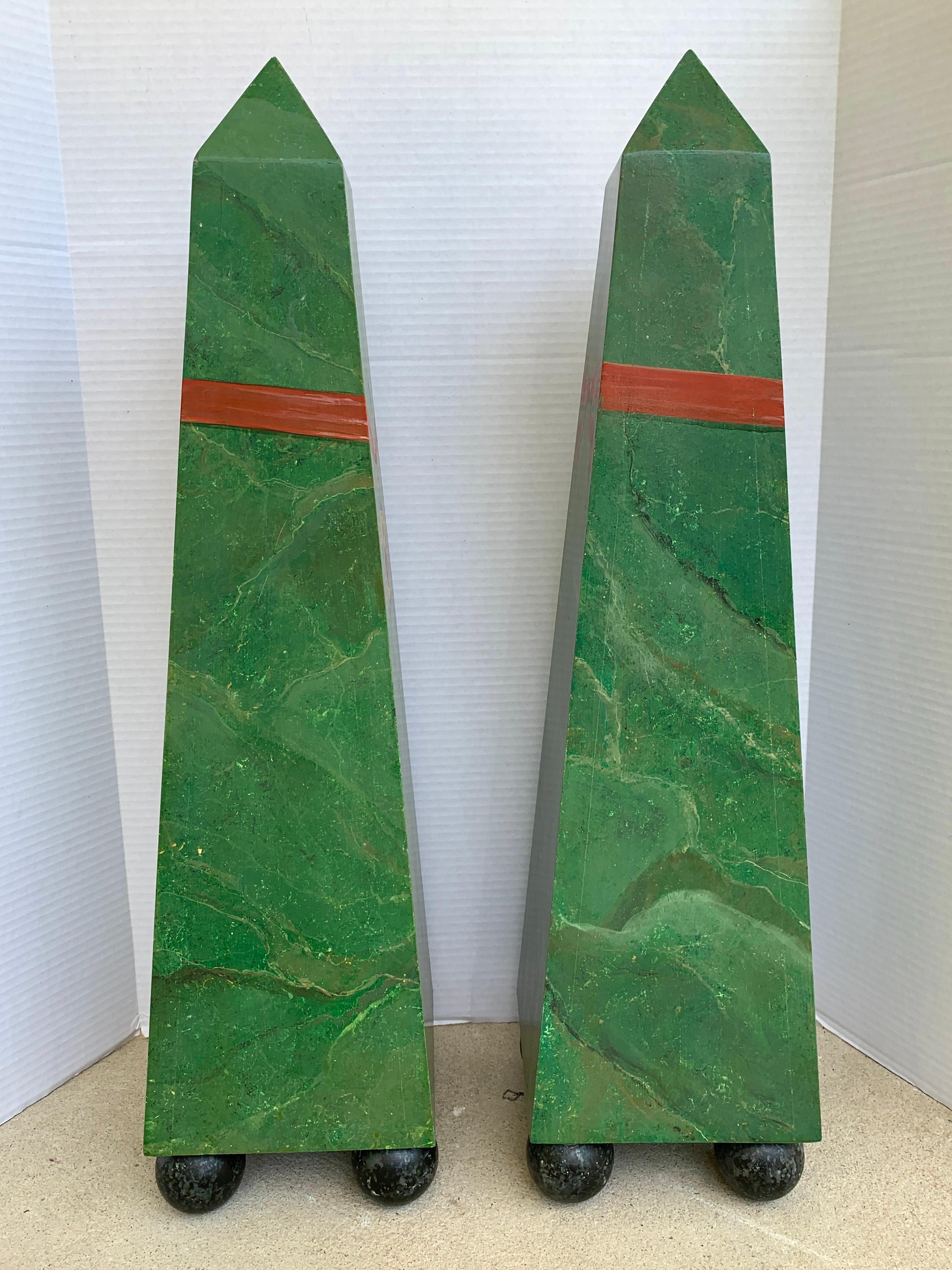 Large Pair of Faux Malachite Neoclassical Portrait Obelisks In Good Condition In Atlanta, GA