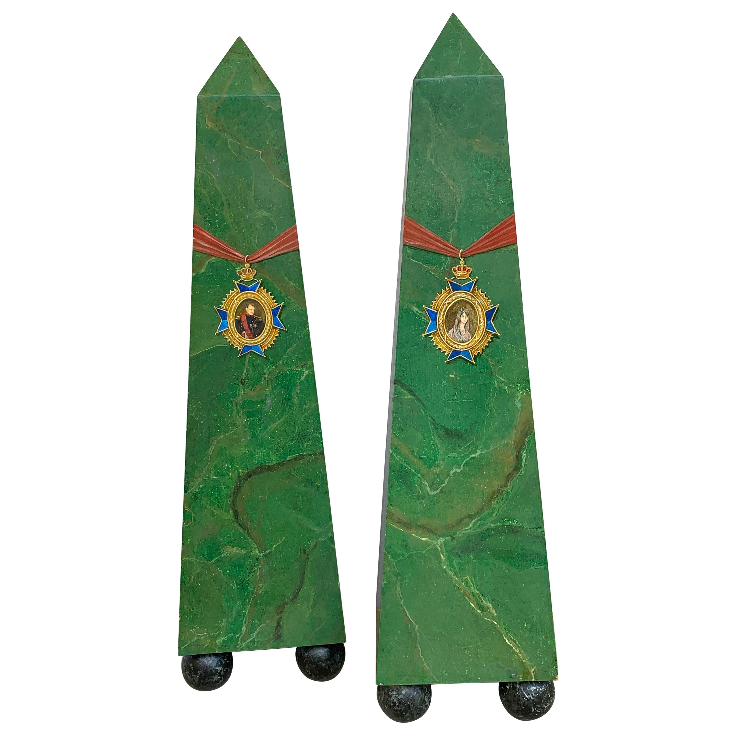 Large Pair of Faux Malachite Neoclassical Portrait Obelisks