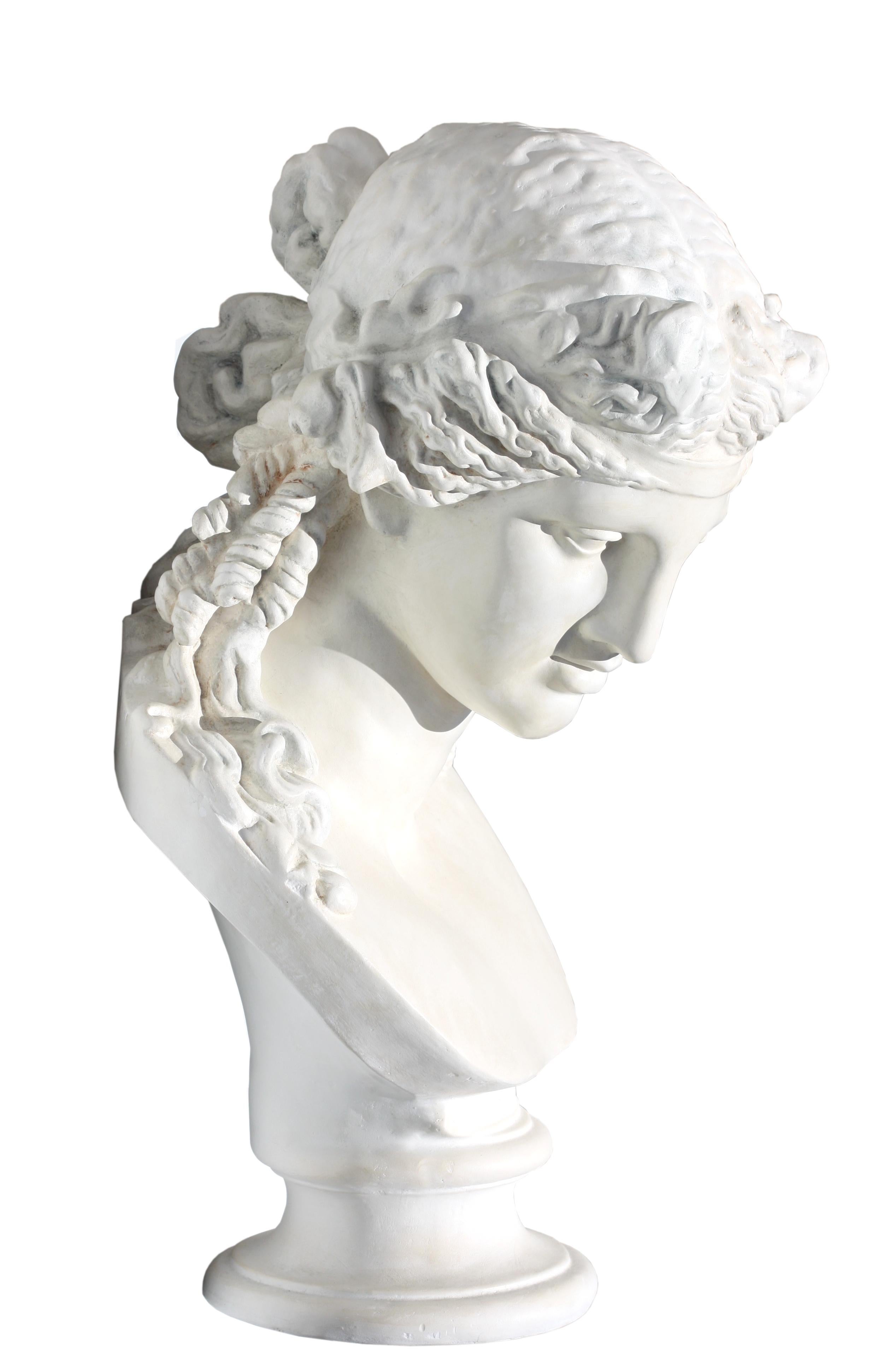 
Large Pair of Faux Marble Busts of Apollo and Diana 
After the Antique, the plaster busts on a circular base.
Height 30 in. (76.2 cm.), Width 25 in. (63.5 cm.)