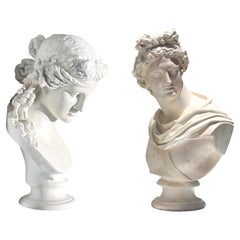 Antique Large Pair of Faux Marble Busts of Apollo and Diana 