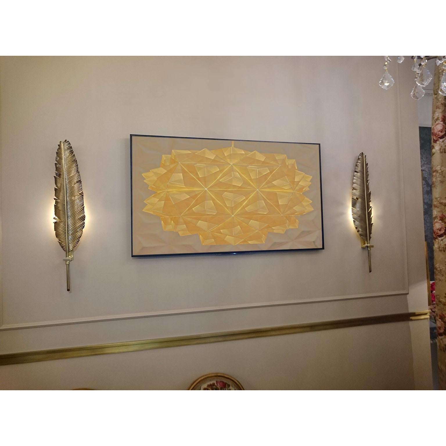 Paire d'appliques murales en forme de plumes. Applique murale, avec lumière indirecte, en laiton. 1 ampoule x E14 pour l'UE ou E12 candélabre pour les Etats-Unis sur demande.
Mesure : hauteur d'environ 82 cm [33 in.]
Ces lampes sont entièrement