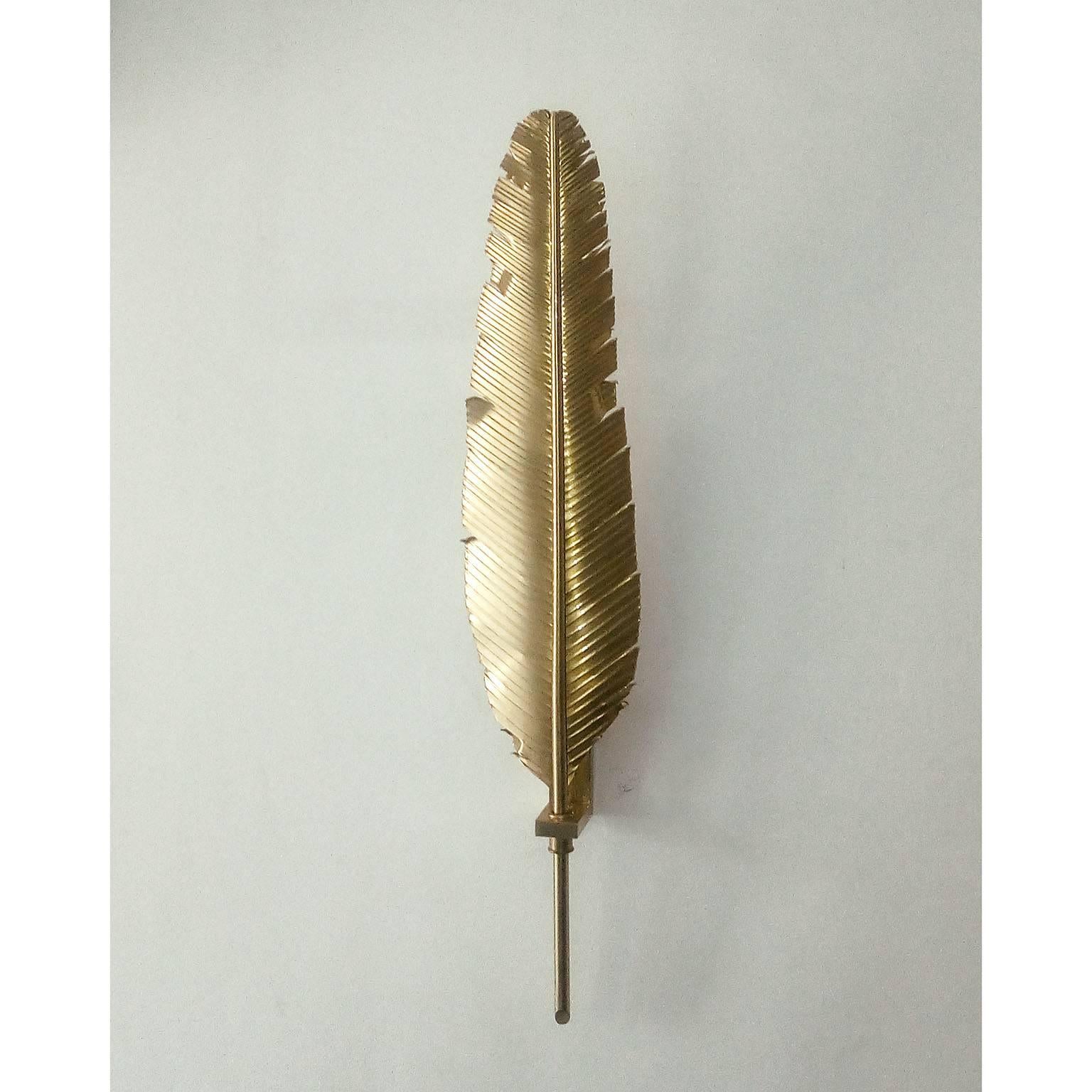 Modern Large Pair of Feather Brass Sconces in the Manner of Maison Jansen