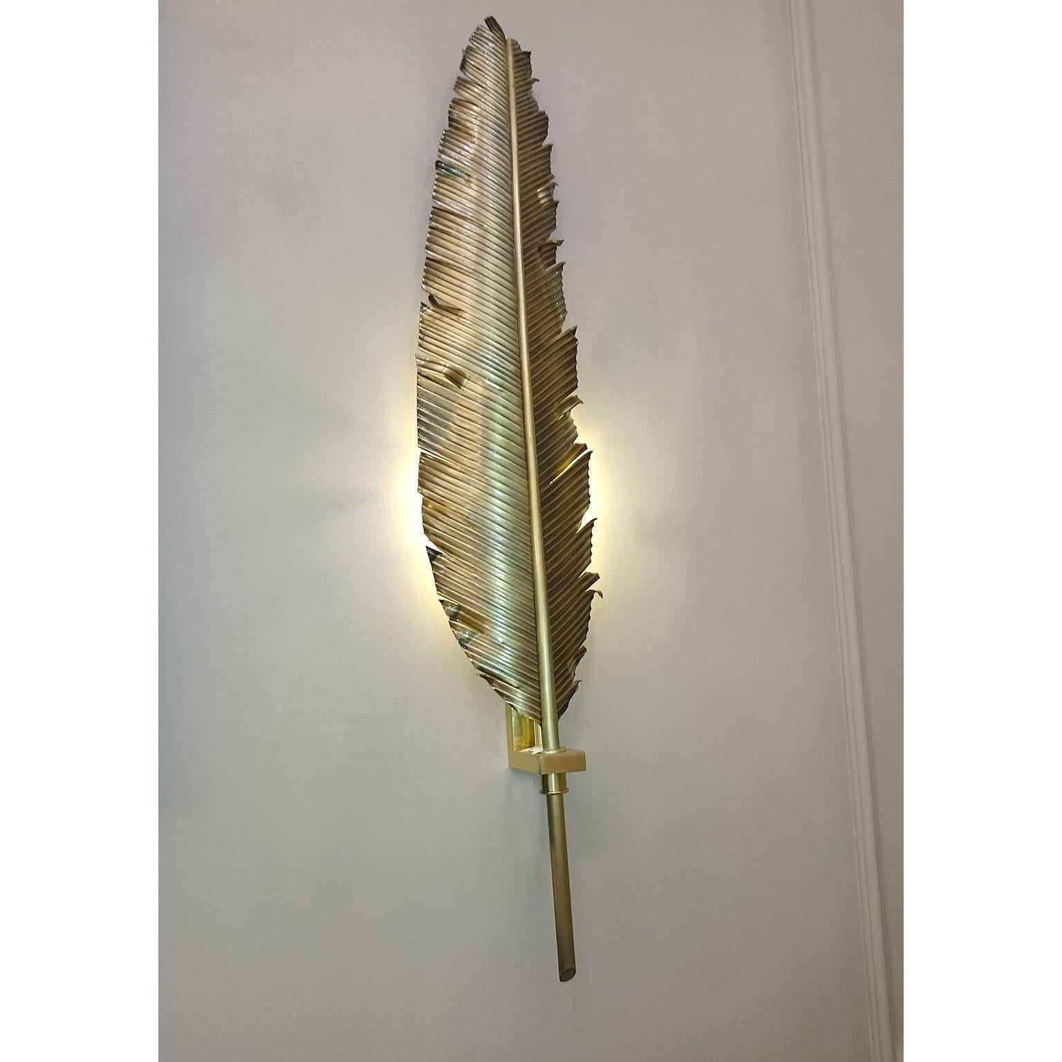 Modern Large Pair of Feather Brass Sconces in the Manner of Maison Jansen For Sale