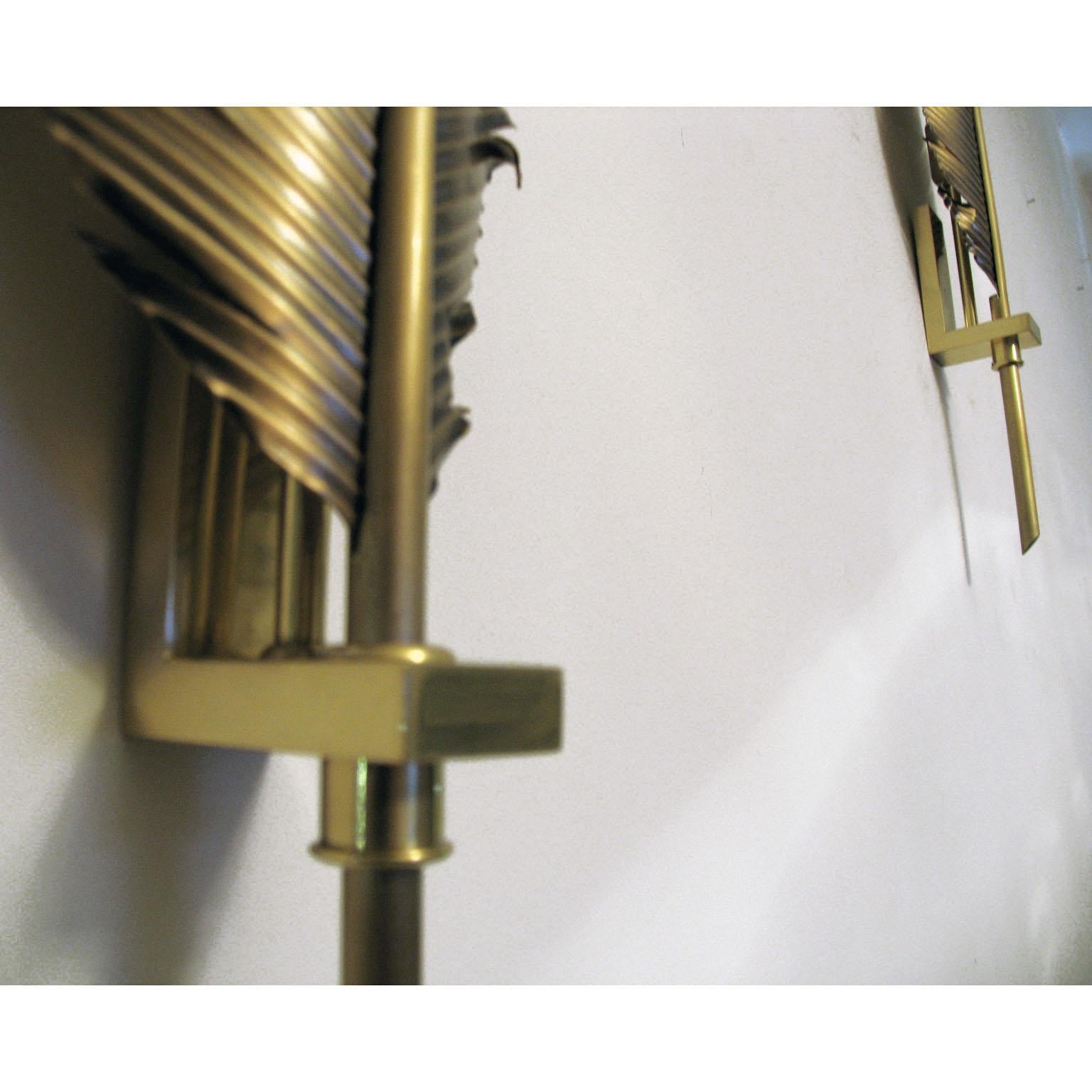 Hand-Crafted Large Pair of Feather Brass Sconces in the Manner of Maison Jansen For Sale