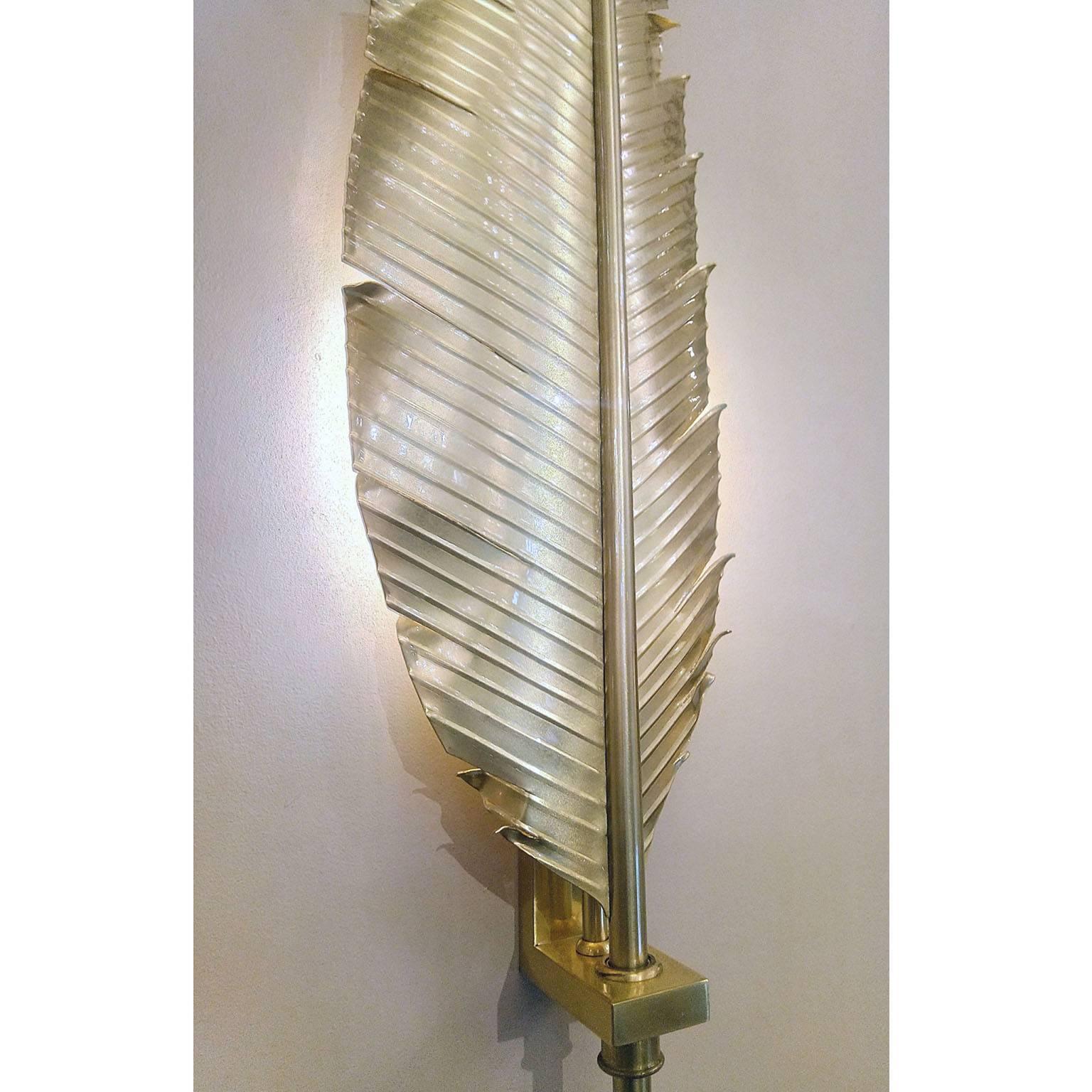 Contemporary Large Pair of Feather Brass Sconces in the Manner of Maison Jansen
