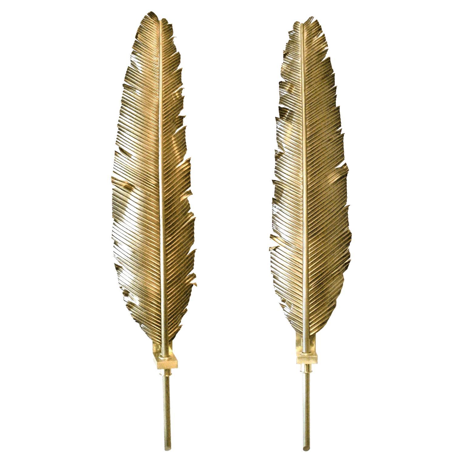 Large Pair of Feather Brass Sconces in the Manner of Maison Jansen For Sale