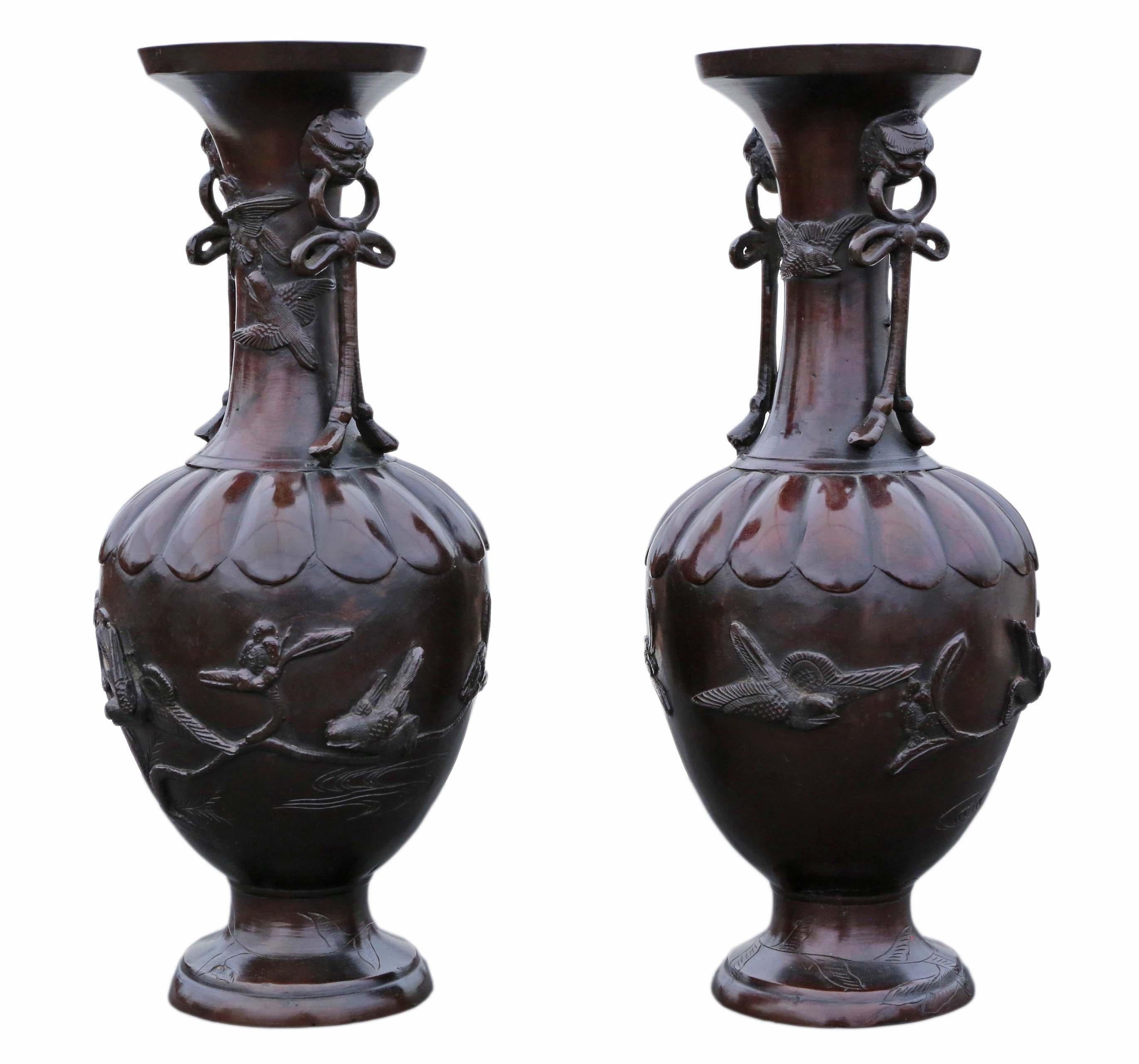 Early 20th Century Large Pair of Fine Quality Japanese Bronze Vases Dated 1903 Meiji Period Antique For Sale