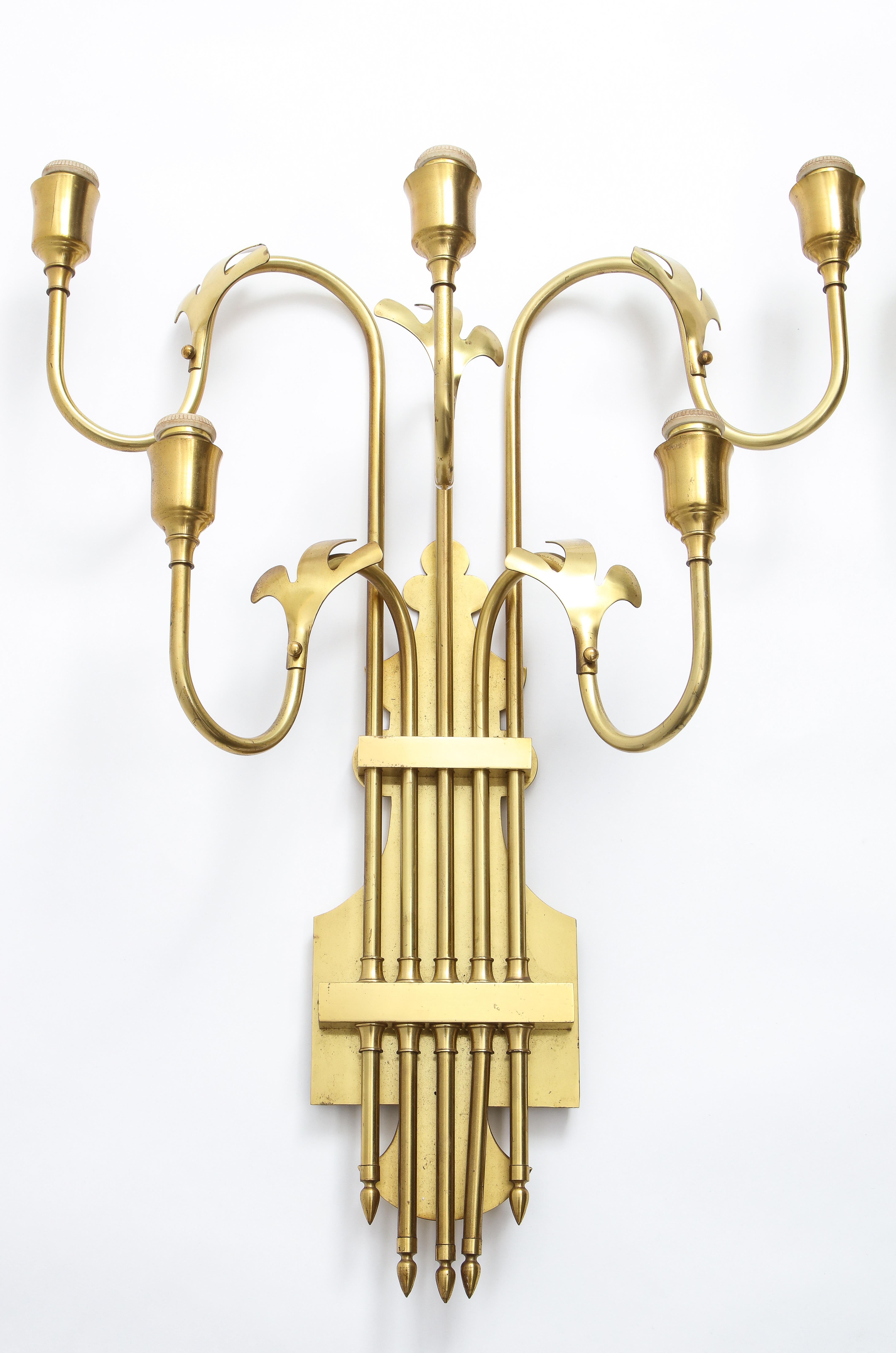 Large Pair of Five Light Brass Swedish Sconces, 1960s 5