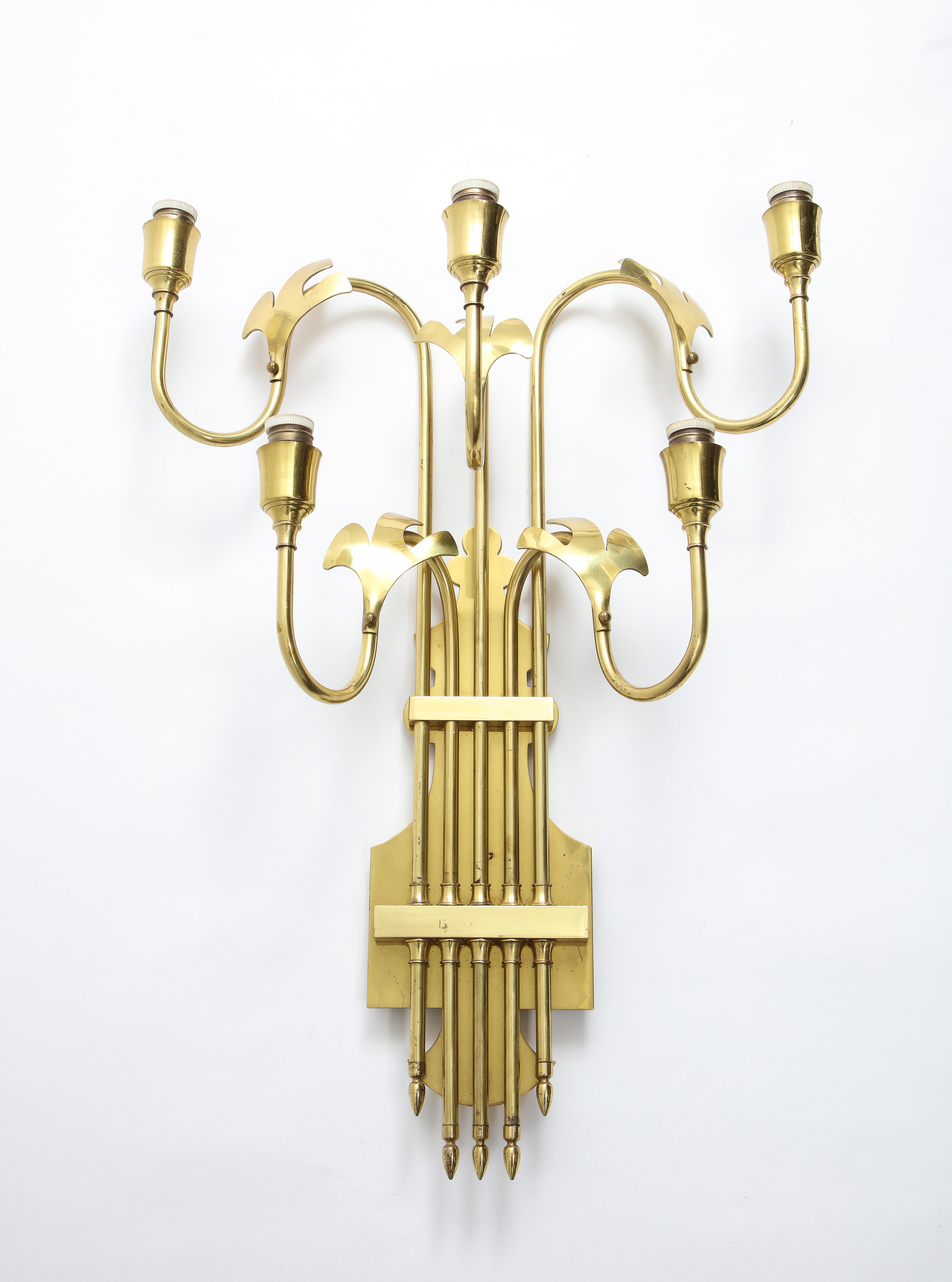 Mid-Century Modern Large Pair of Five Light Brass Swedish Sconces, 1960s