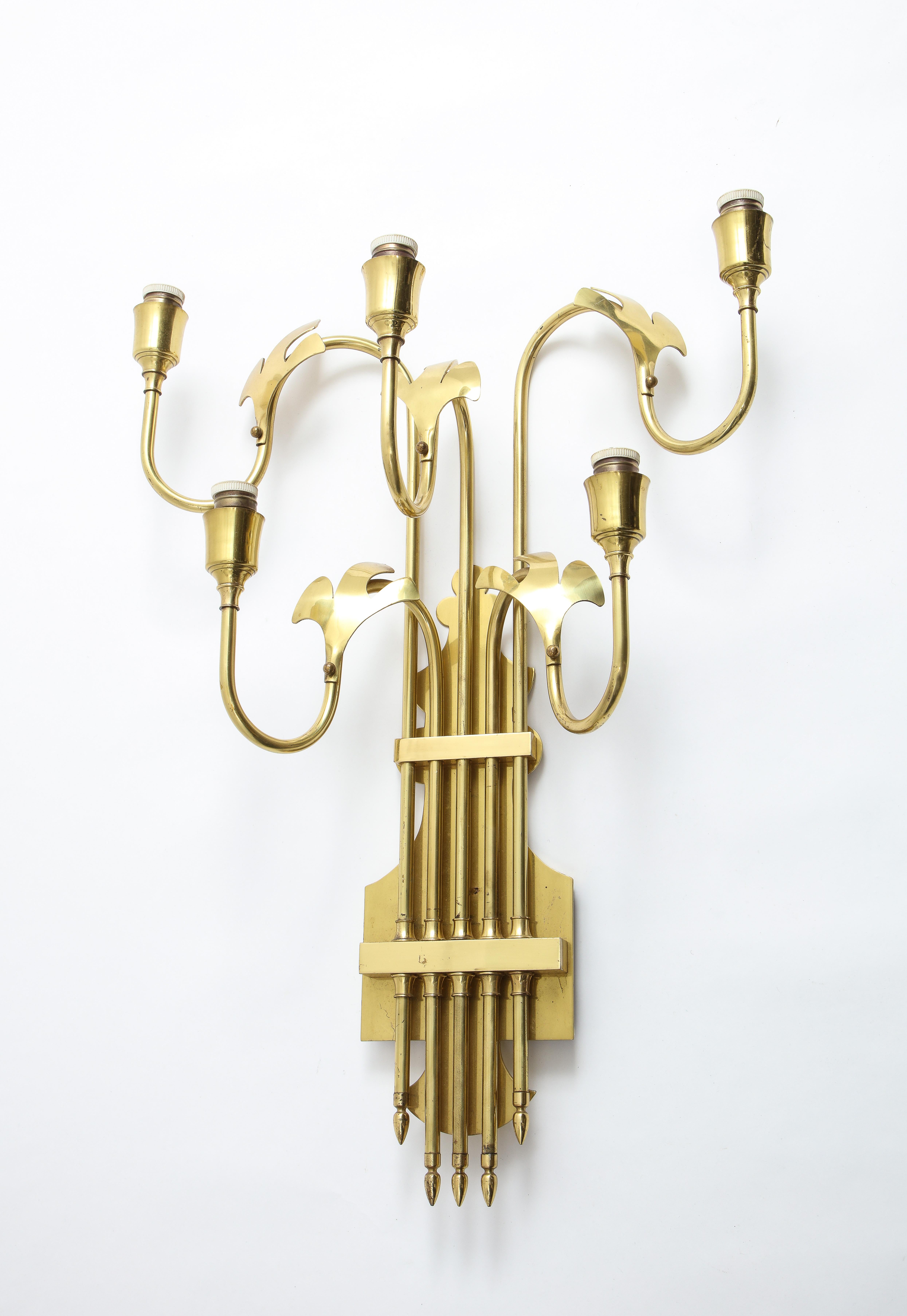 Large Pair of Five Light Brass Swedish Sconces, 1960s In Good Condition In New York, NY