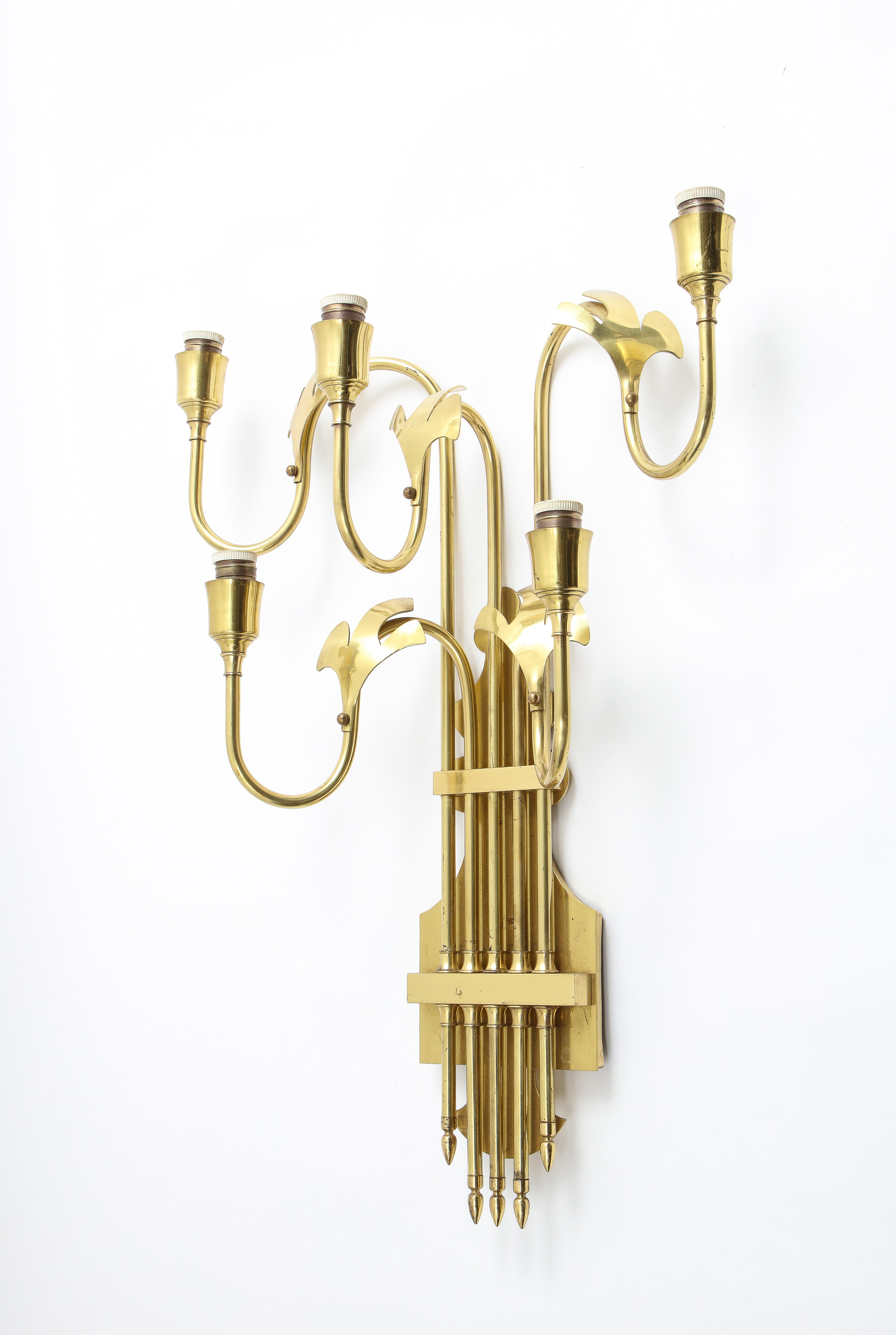 20th Century Large Pair of Five Light Brass Swedish Sconces, 1960s