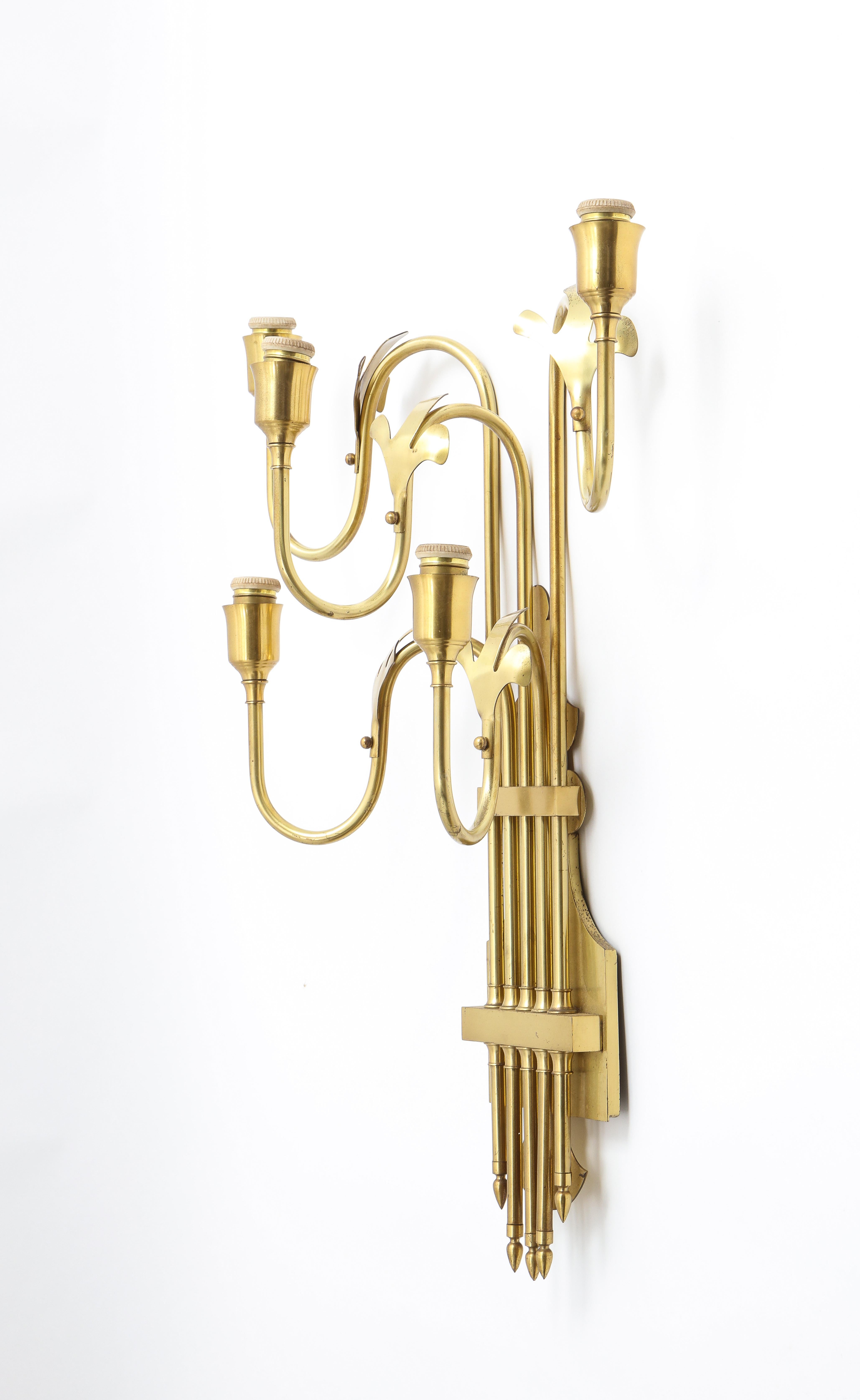 Large Pair of Five Light Brass Swedish Sconces, 1960s 2