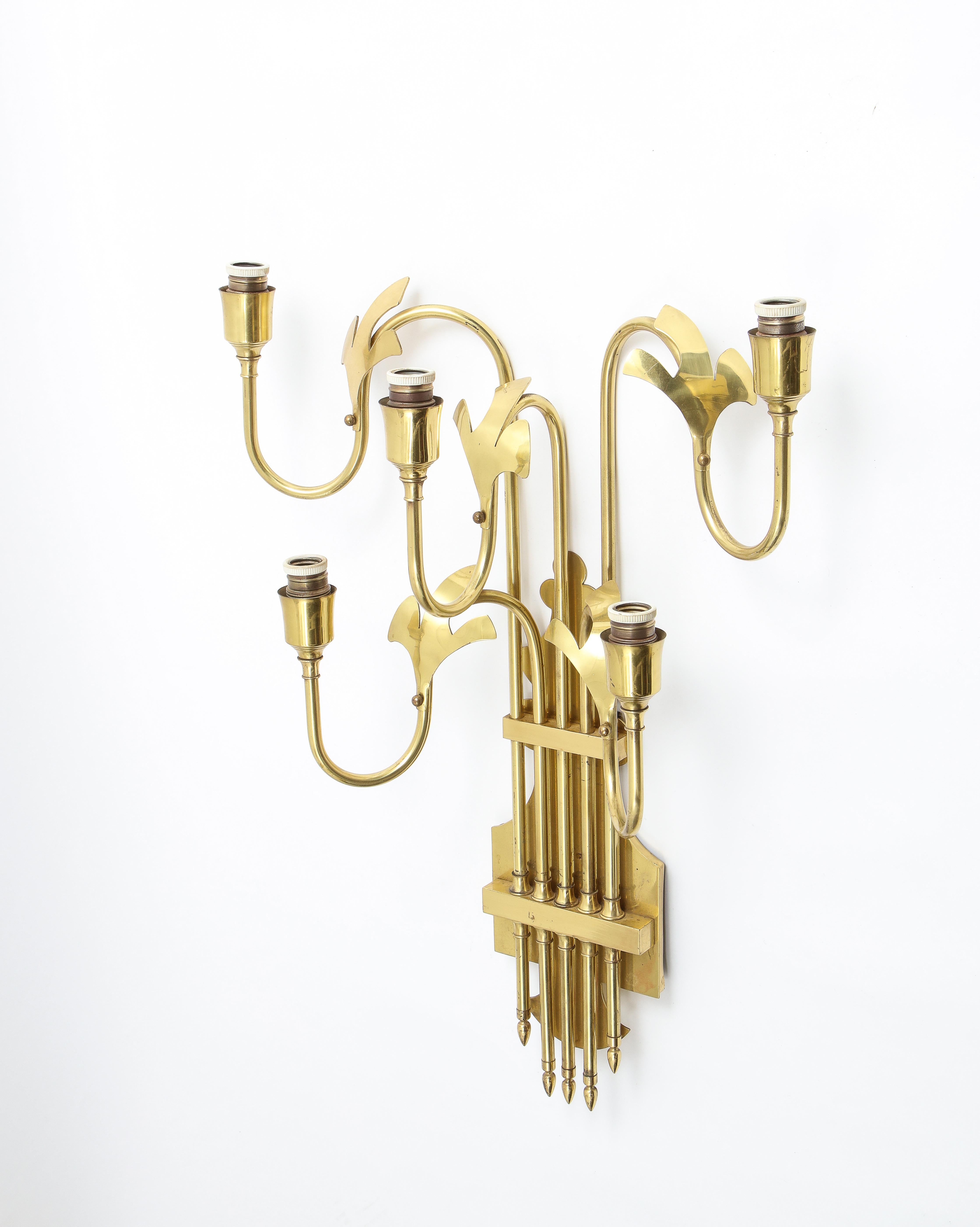Large Pair of Five Light Brass Swedish Sconces, 1960s 3