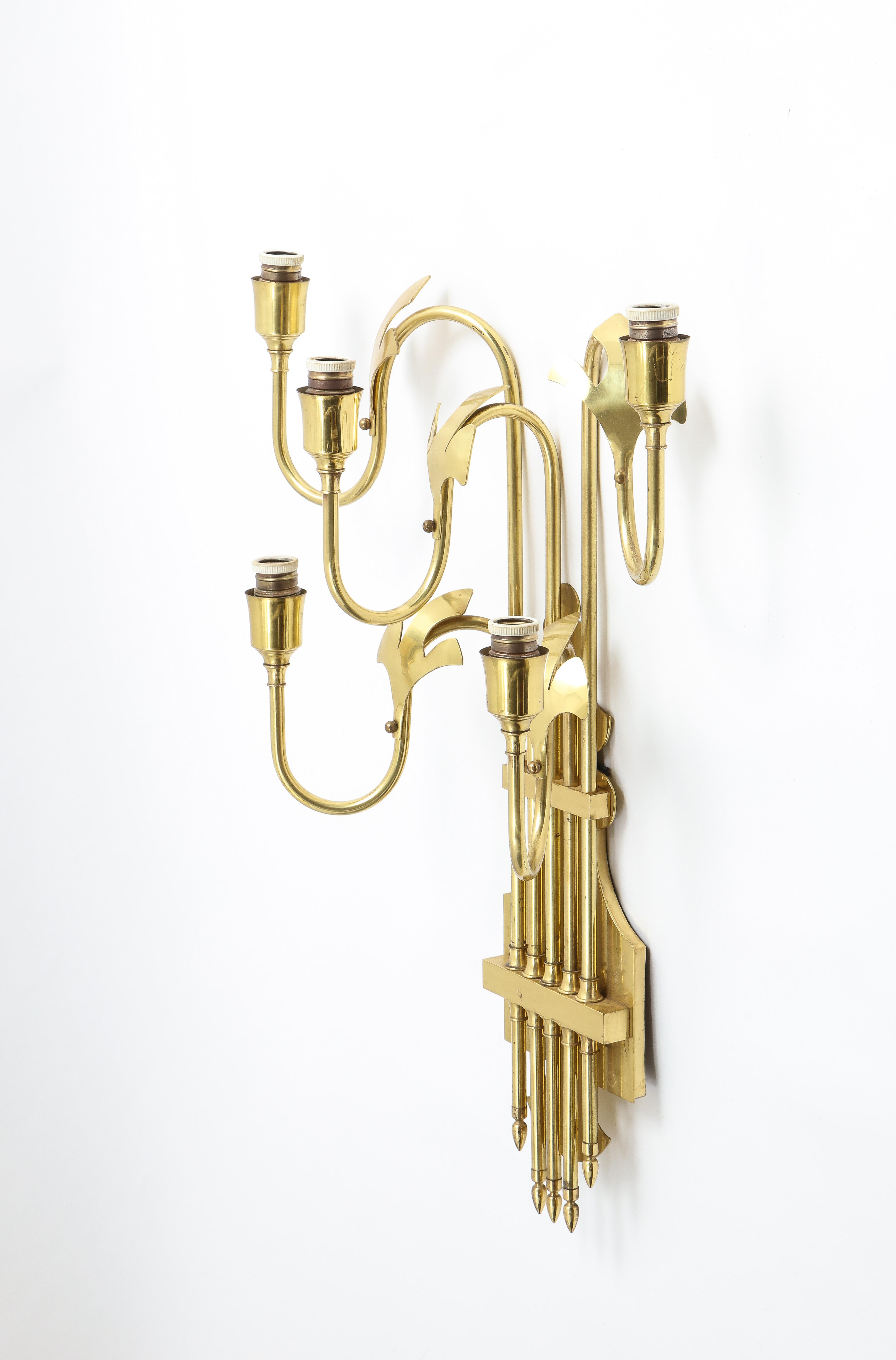 Large Pair of Five Light Brass Swedish Sconces, 1960s 4
