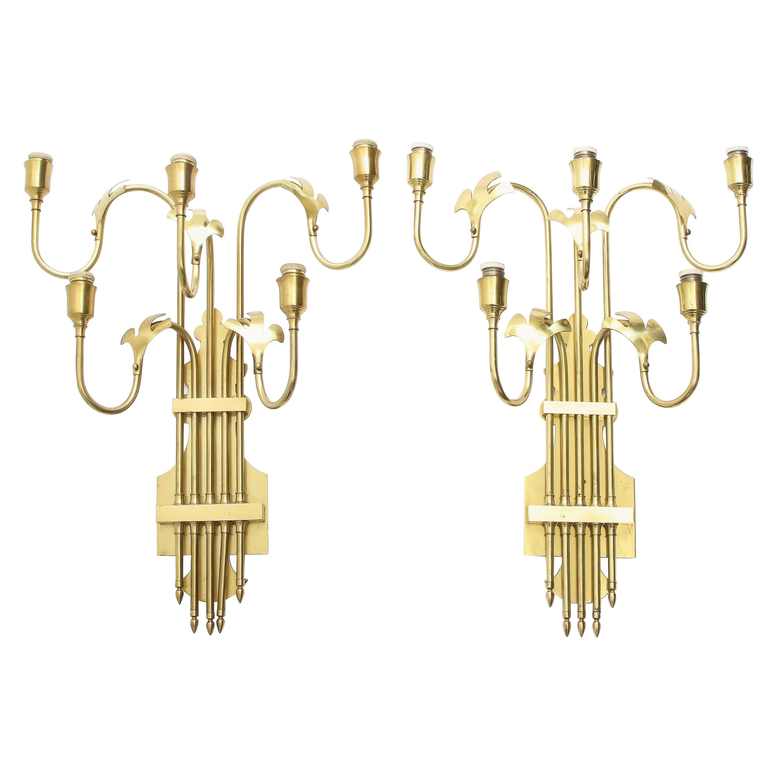 Large Pair of Five Light Brass Swedish Sconces, 1960s
