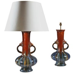 Large Pair of Flambé Vases as Lamps by Jerome Messier Fils