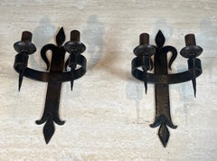 Large Pair of "Fleurs de Lys" Wrought Iron Wall Lights with 2 Arms in the Gothic