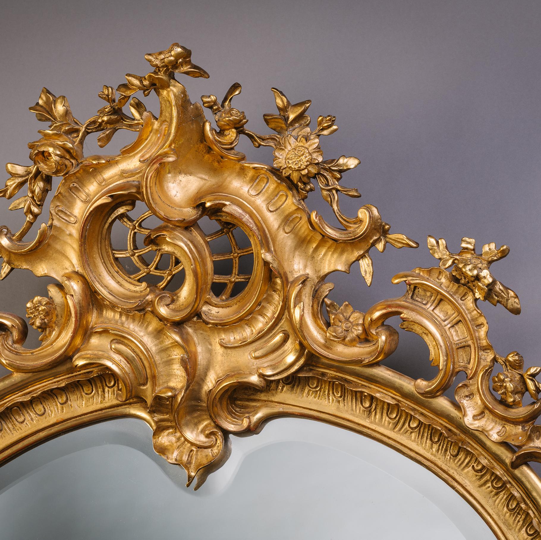 Grande paire de miroirs muraux en bois doré en forme de cartouche de Florentine en vente 2