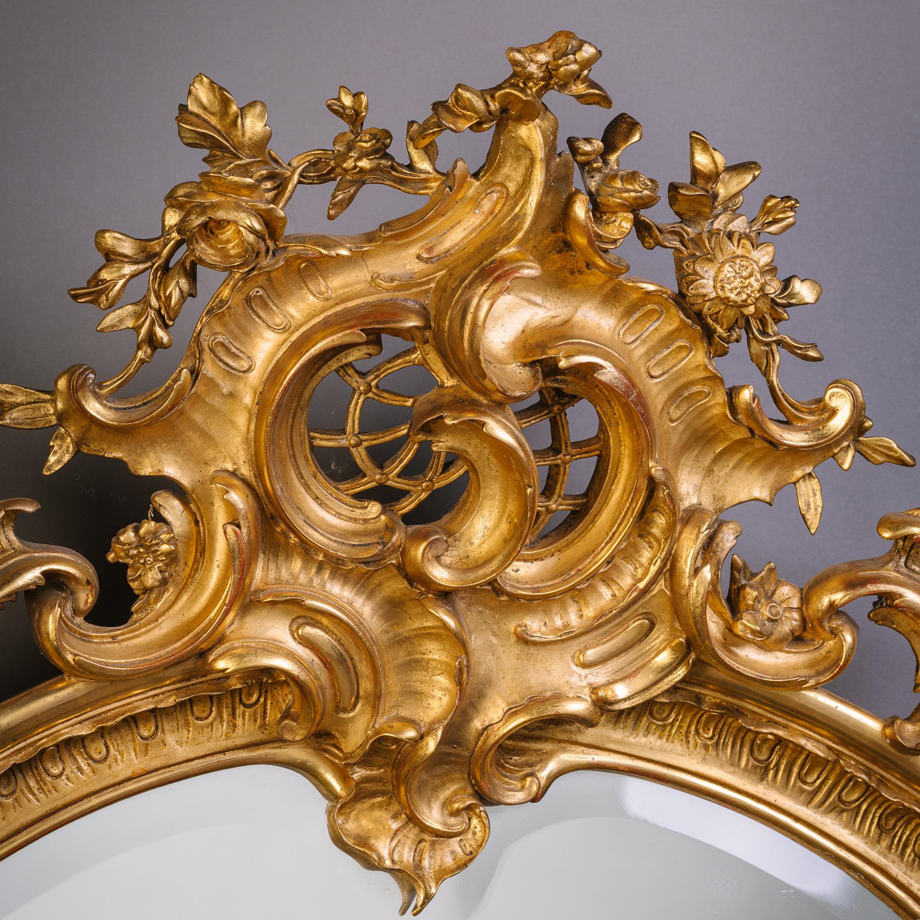 Grande paire de miroirs muraux en bois doré en forme de cartouche de Florentine en vente 1