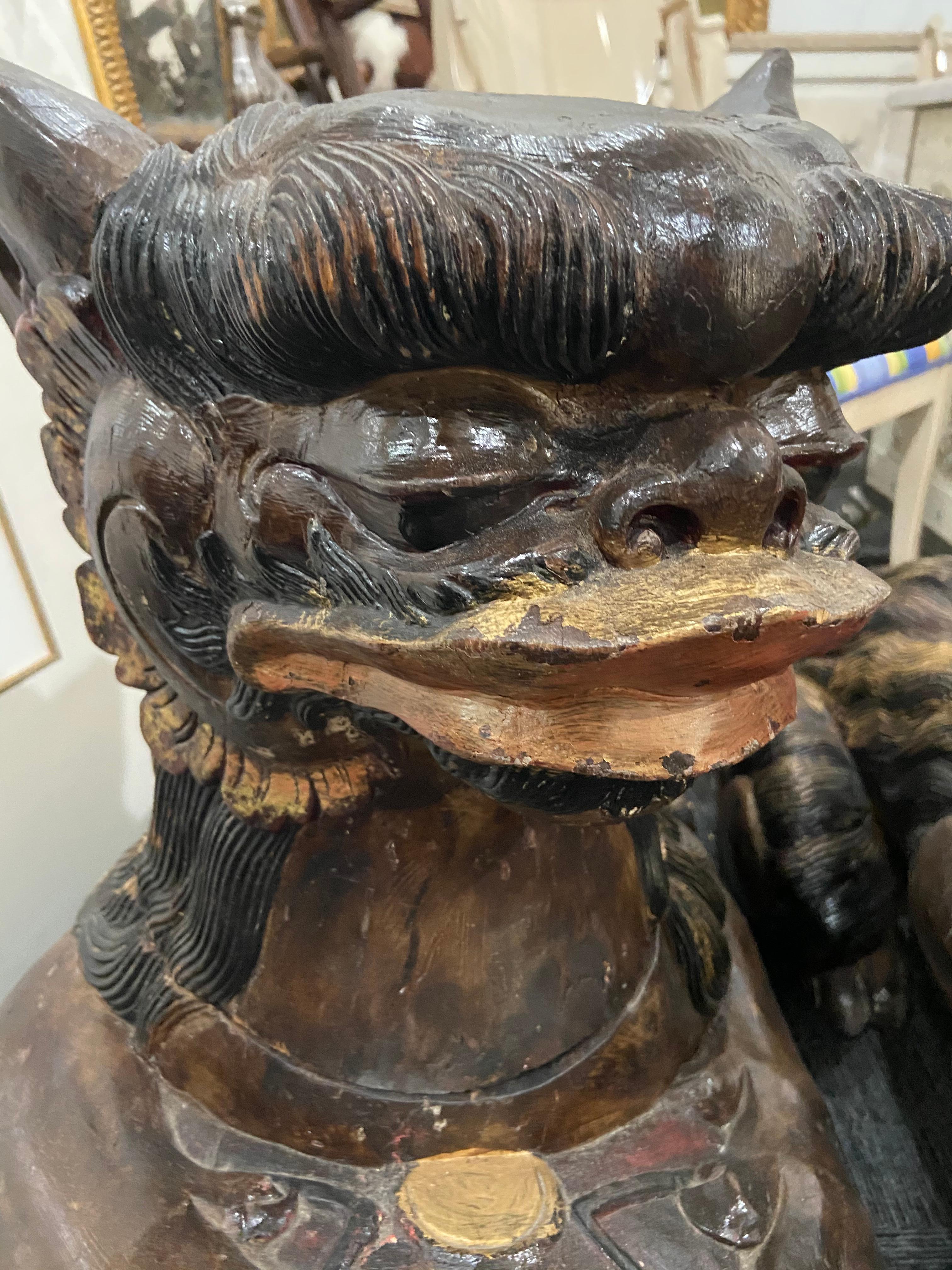 Beautiful Large Pair of Foo Dogs Carved from Solid Wood Chinese Style In Excellent Condition For Sale In West Palm Beach, FL