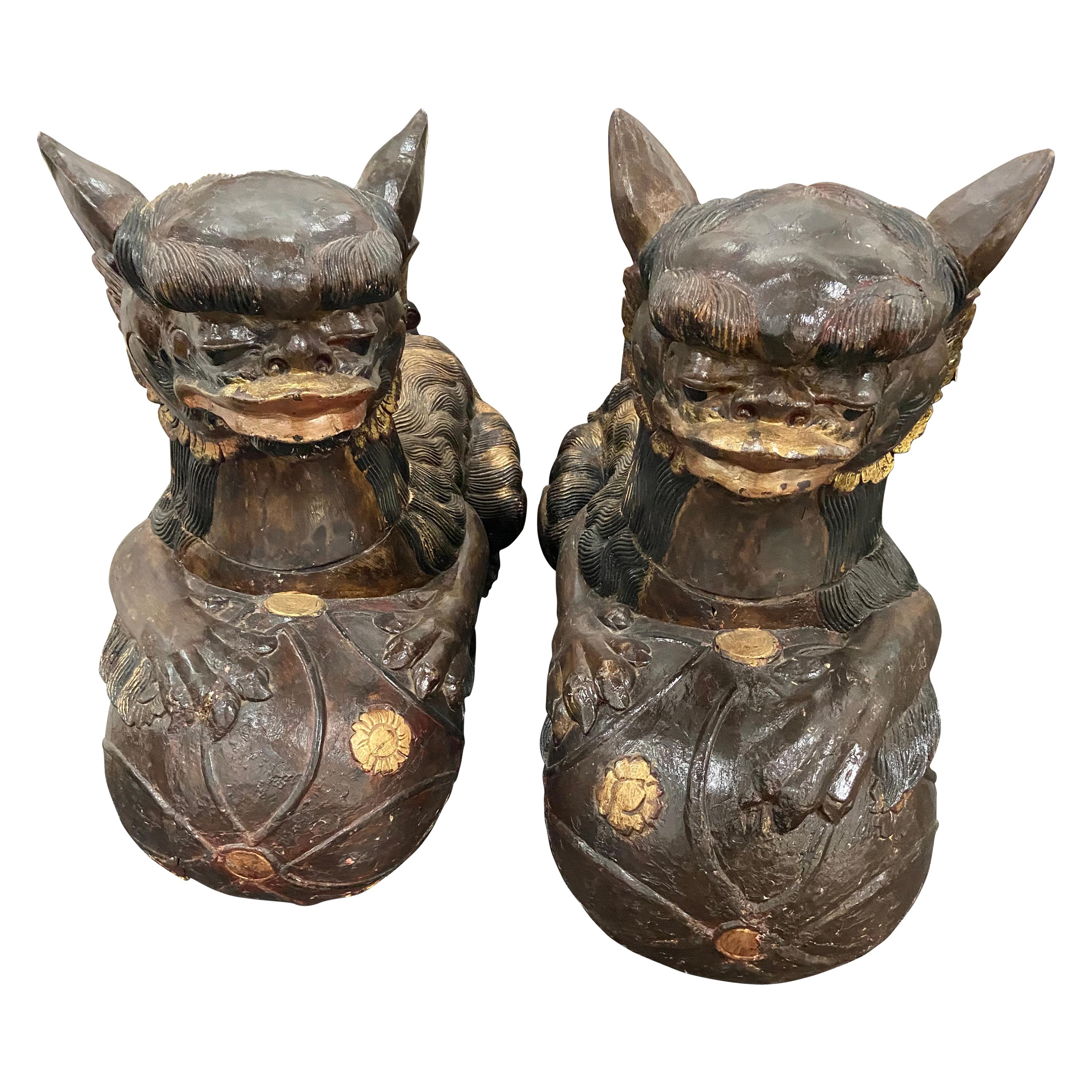 Beautiful Large Pair of Foo Dogs Carved from Solid Wood Chinese Style For Sale