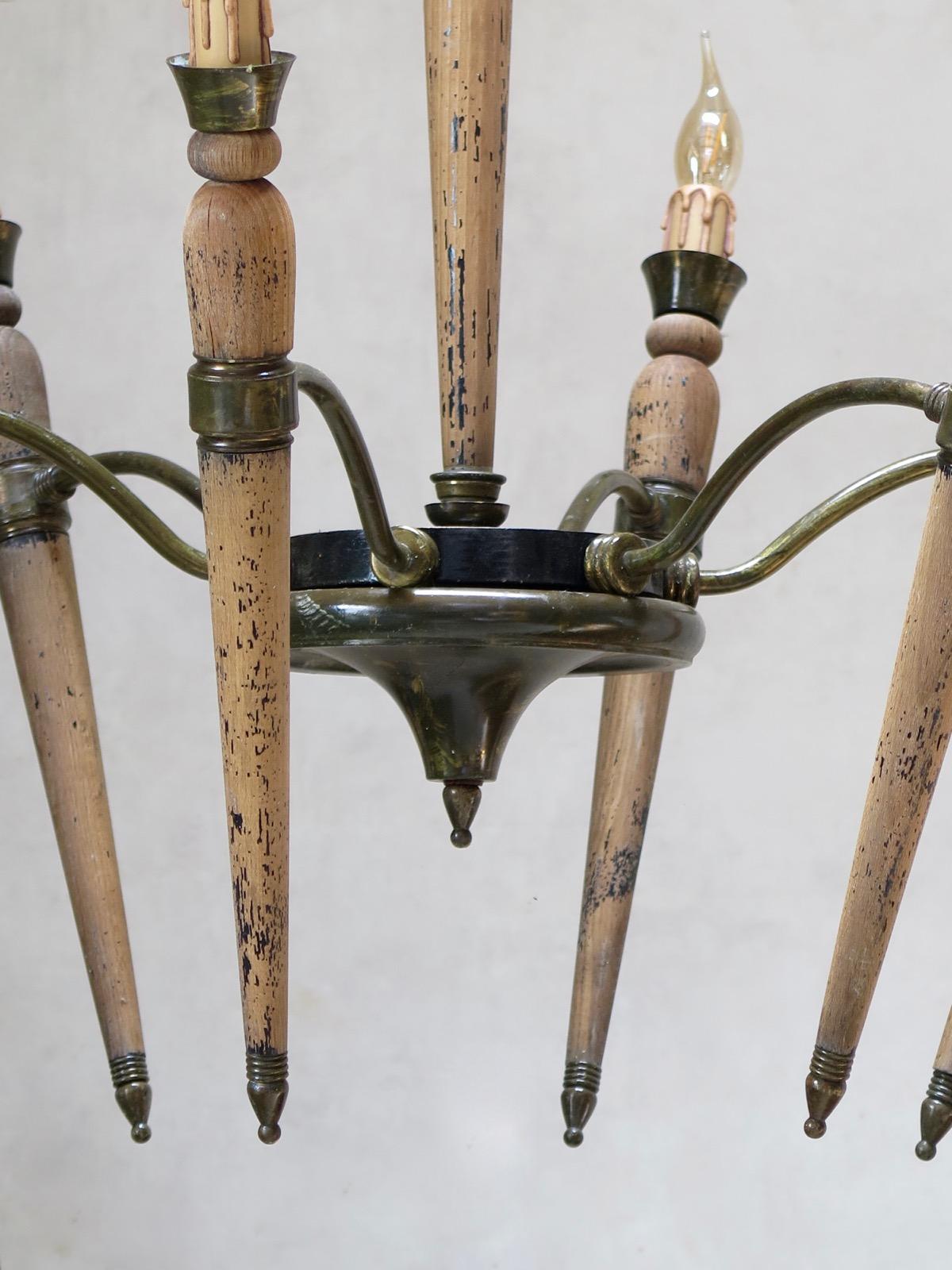 Large Pair of French 1940s Wood and Brass Chandeliers For Sale 1