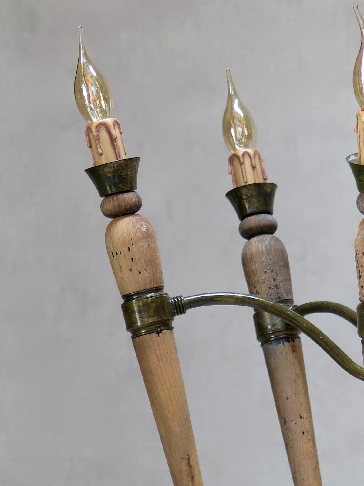 Large Pair of French 1940s Wood and Brass Chandeliers For Sale 3