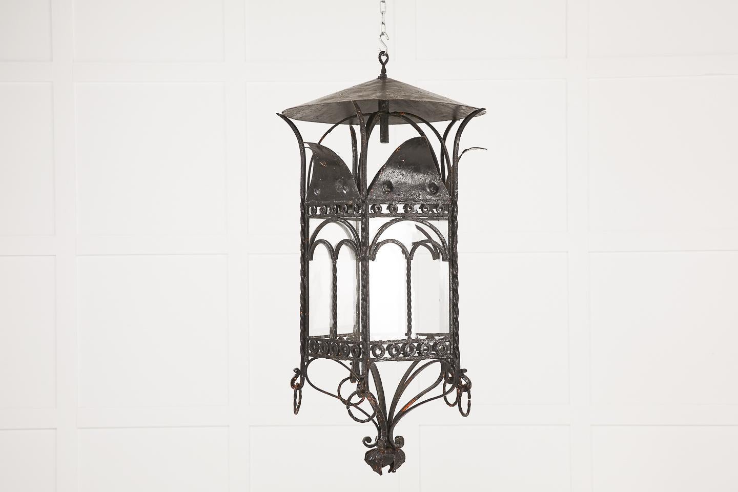 Large pair of interesting French 1940s wrought iron lanterns.