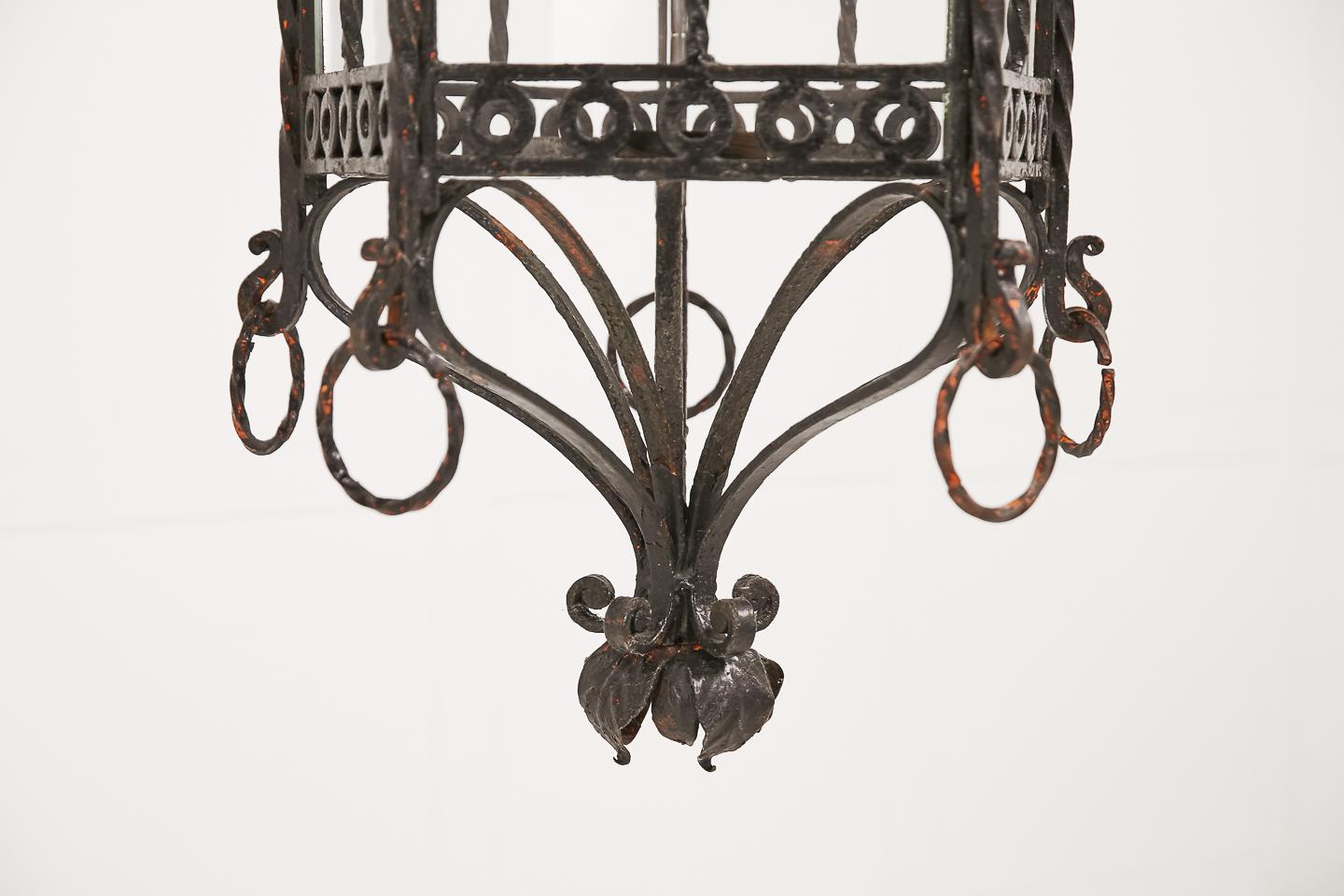 Mid-20th Century Large Pair of French 1940s Wrought Iron Lanterns For Sale