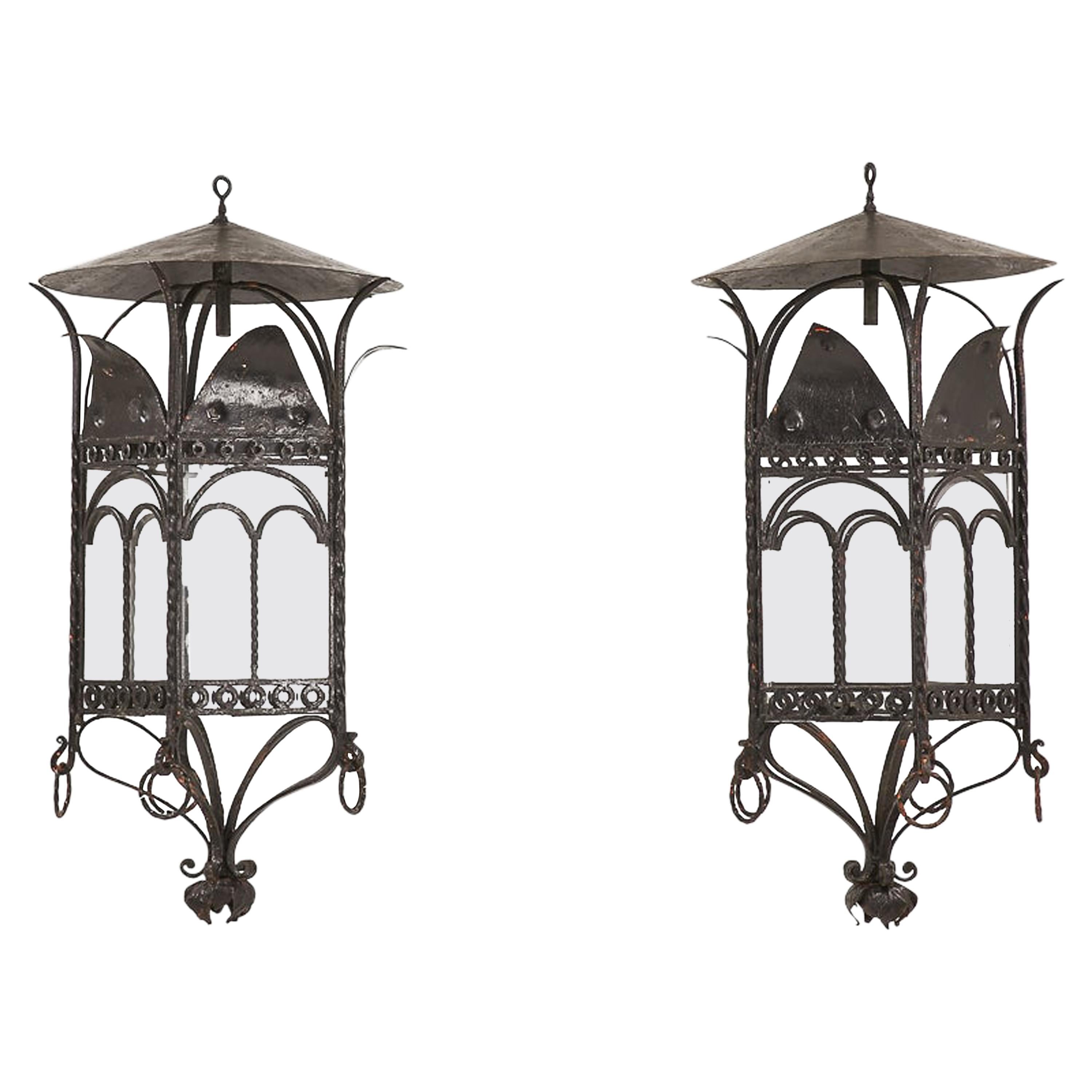 Large Pair of French 1940s Wrought Iron Lanterns For Sale