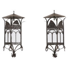 Large Pair of French 1940s Wrought Iron Lanterns