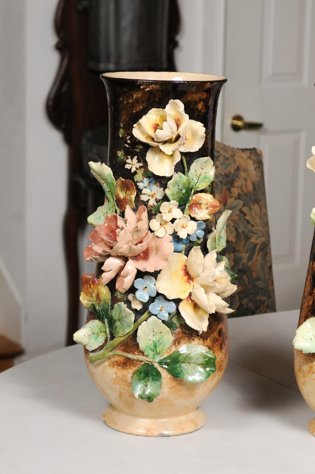 Large Pair of French 19th Century Barbotine Vases with High Relief Floral Décor 5