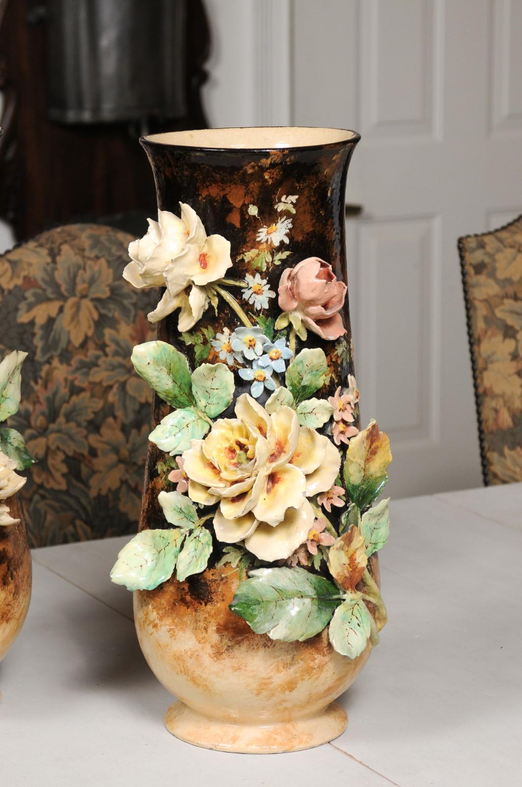 Large Pair of French 19th Century Barbotine Vases with High Relief Floral Décor 6