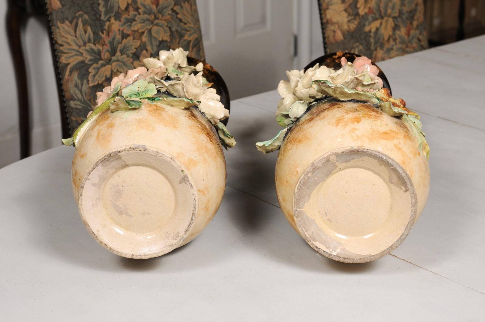 Large Pair of French 19th Century Barbotine Vases with High Relief Floral Décor 7